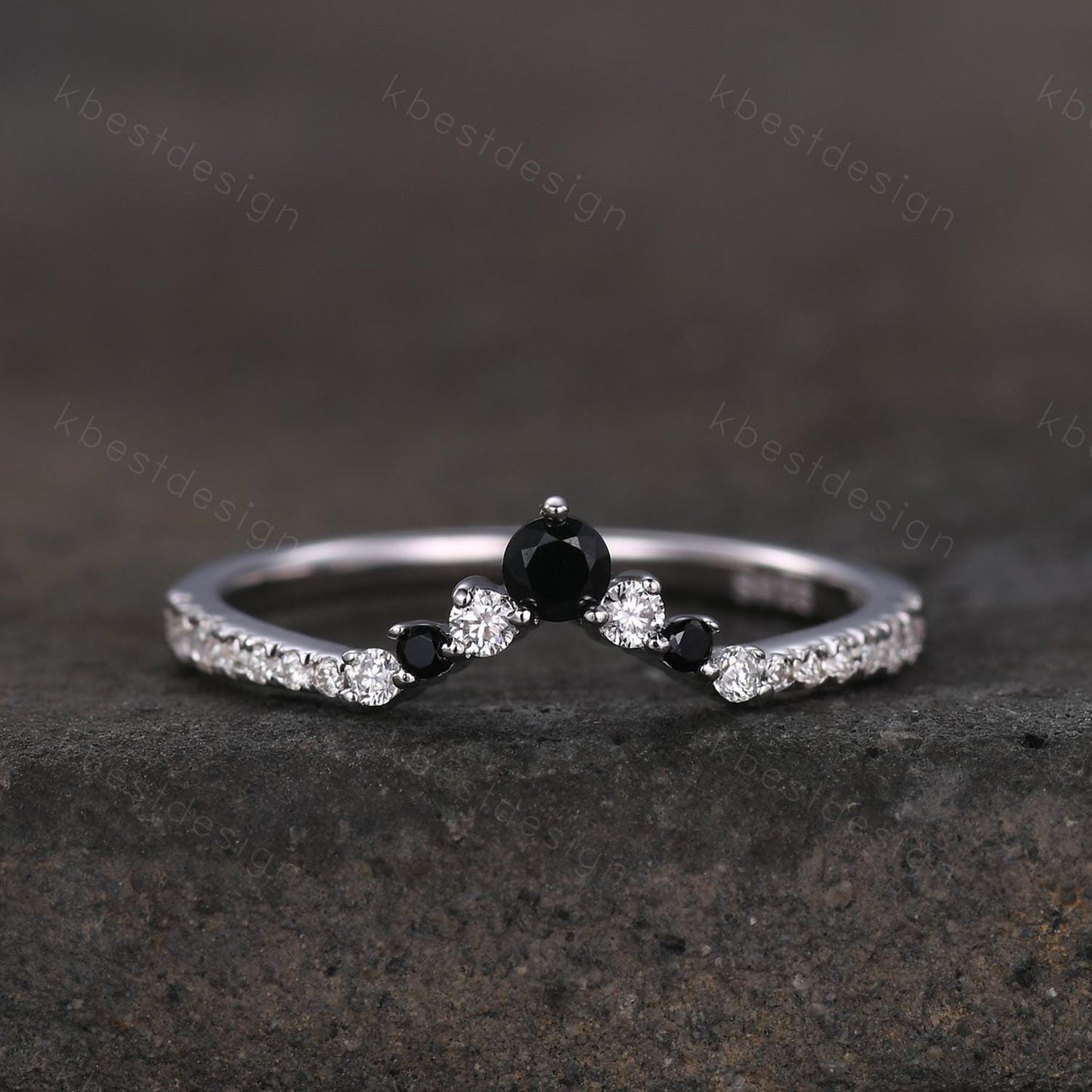 Curved black spinel wedding band dainty curved band for women half eternity moissanite stacking band bridal anniversary band gift