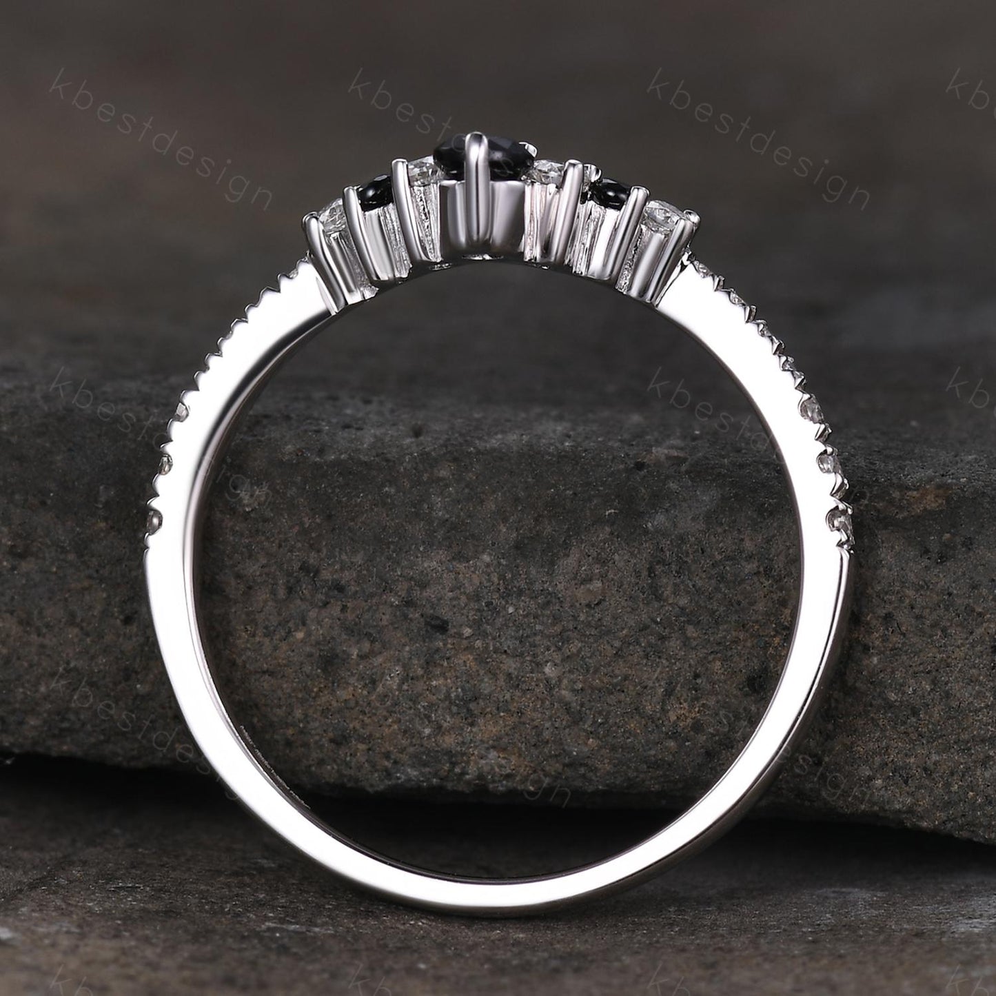 Curved black spinel wedding band dainty curved band for women half eternity moissanite stacking band bridal anniversary band gift
