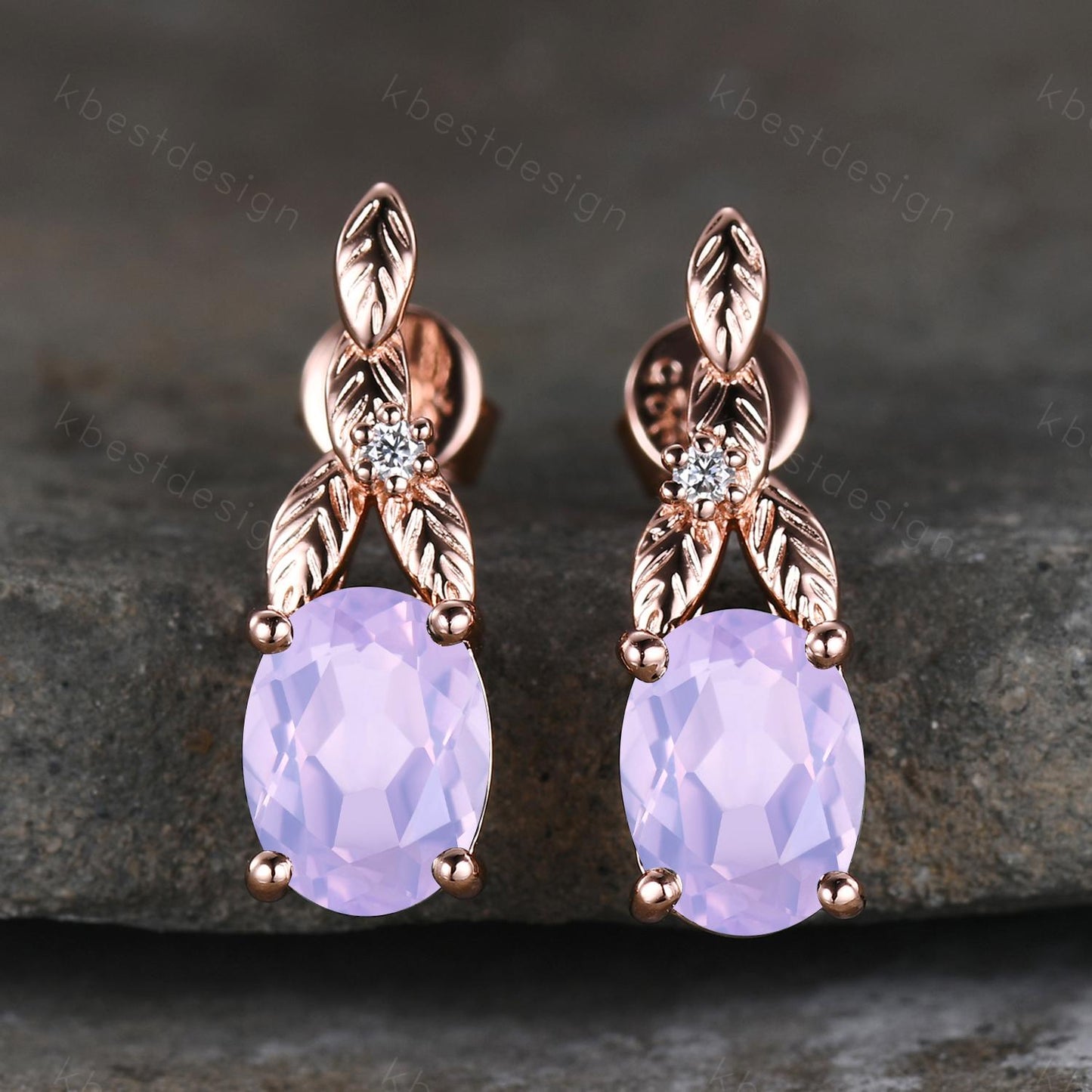 Oval cut lavender amethyst earrings women rose gold earring studs branch leaf earrings nature inspired studs anniversary gift for her