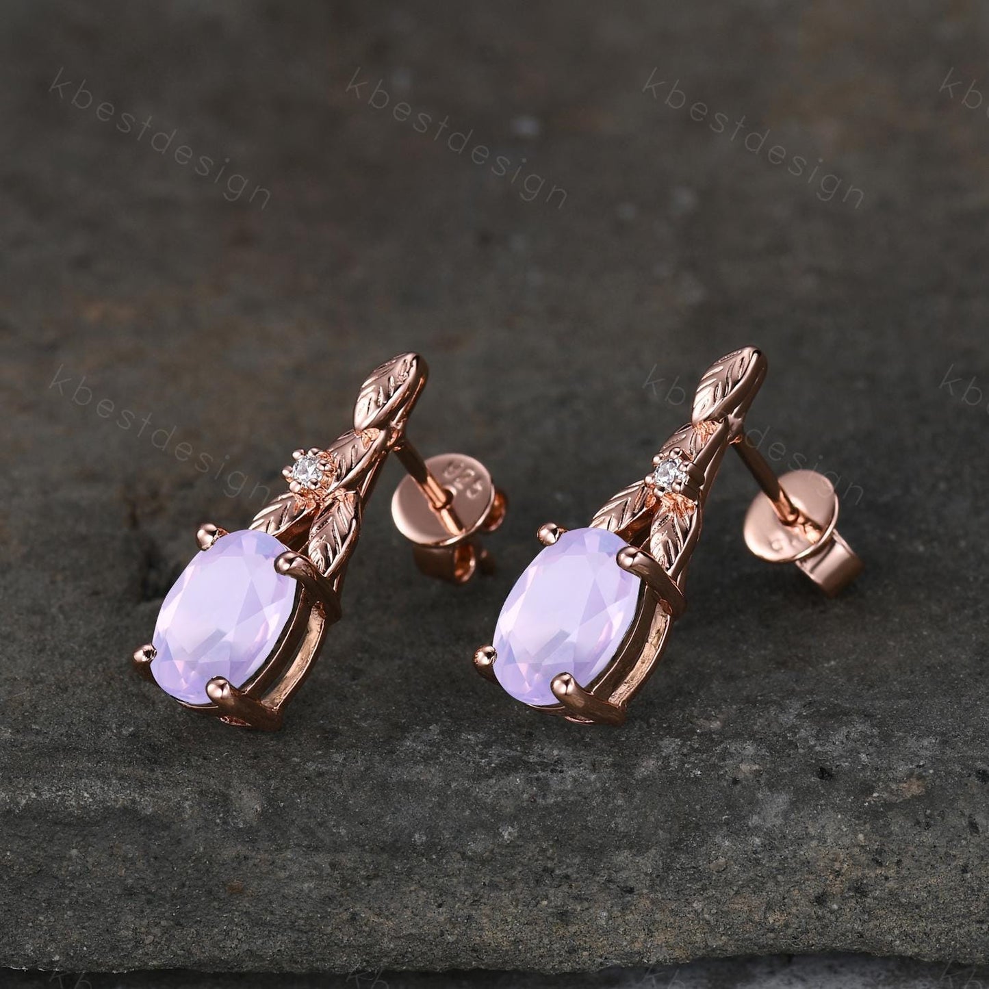 Oval cut lavender amethyst earrings women rose gold earring studs branch leaf earrings nature inspired studs anniversary gift for her
