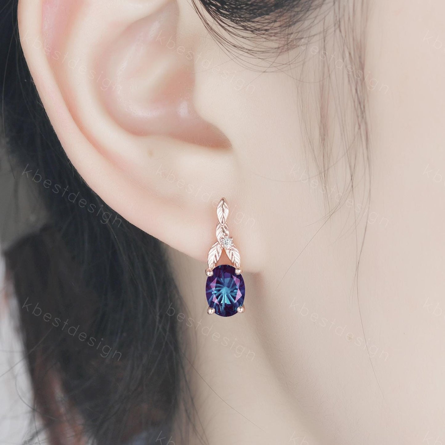 Fireworks alexandrite earrings women rose gold earring studs branch leaf earrings nature inspired studs June anniversary gift for her