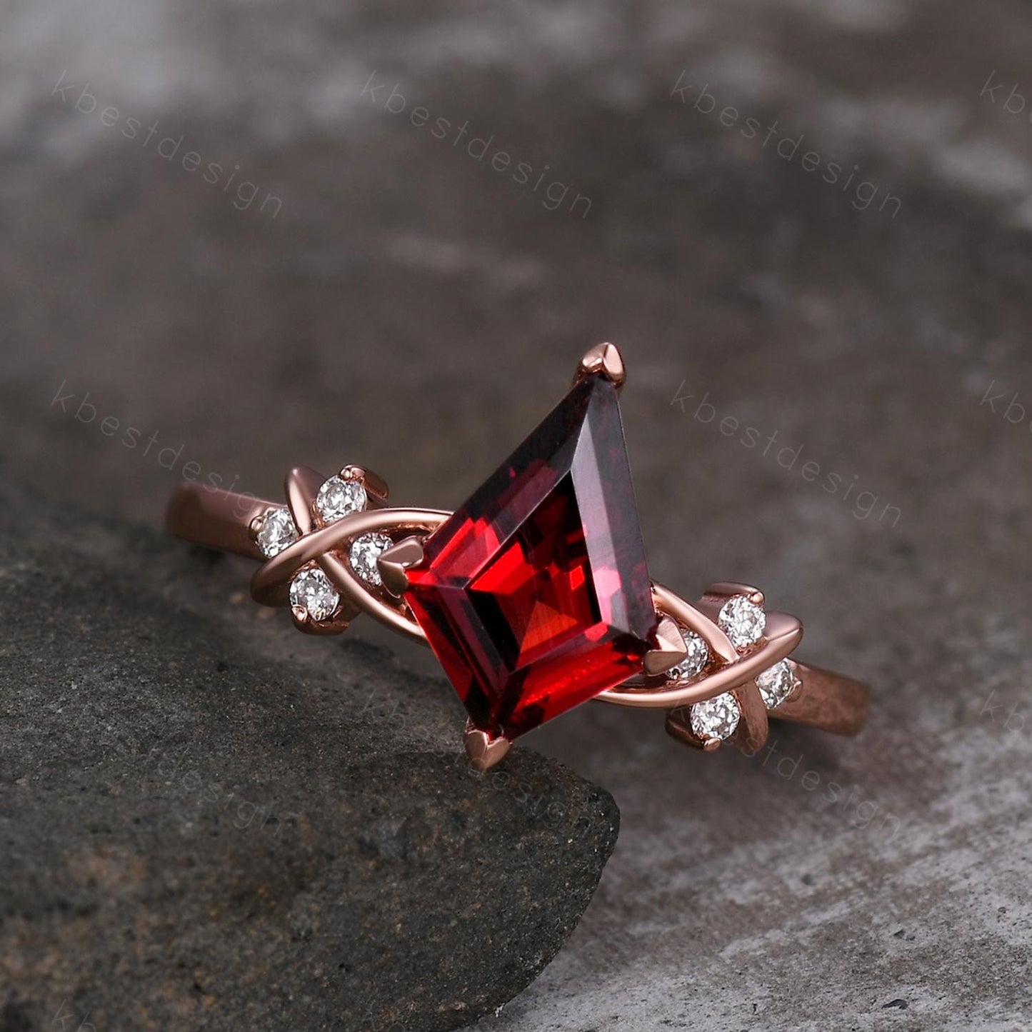 Kite cut Garnet engagement ring unique twig cluster moissanite ring rose gold ring for women January birthstone ring promise ring gift