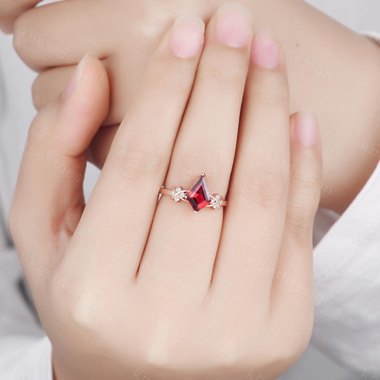 Kite cut Garnet engagement ring unique twig cluster moissanite ring rose gold ring for women January birthstone ring promise ring gift