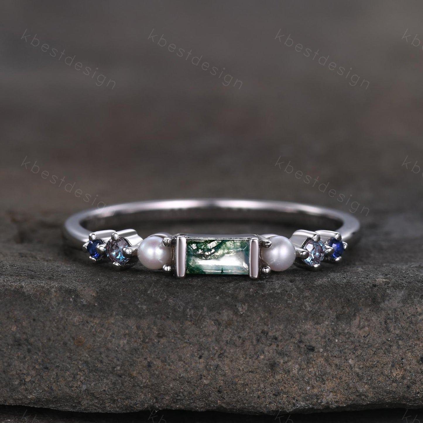 Baguette Moss Agate Ring,Alexandrite and Pearl Wedding Band,Unique Multi Gemstone Ring,Birthstone Jewelry,Gift For Mom,Personalized Gift