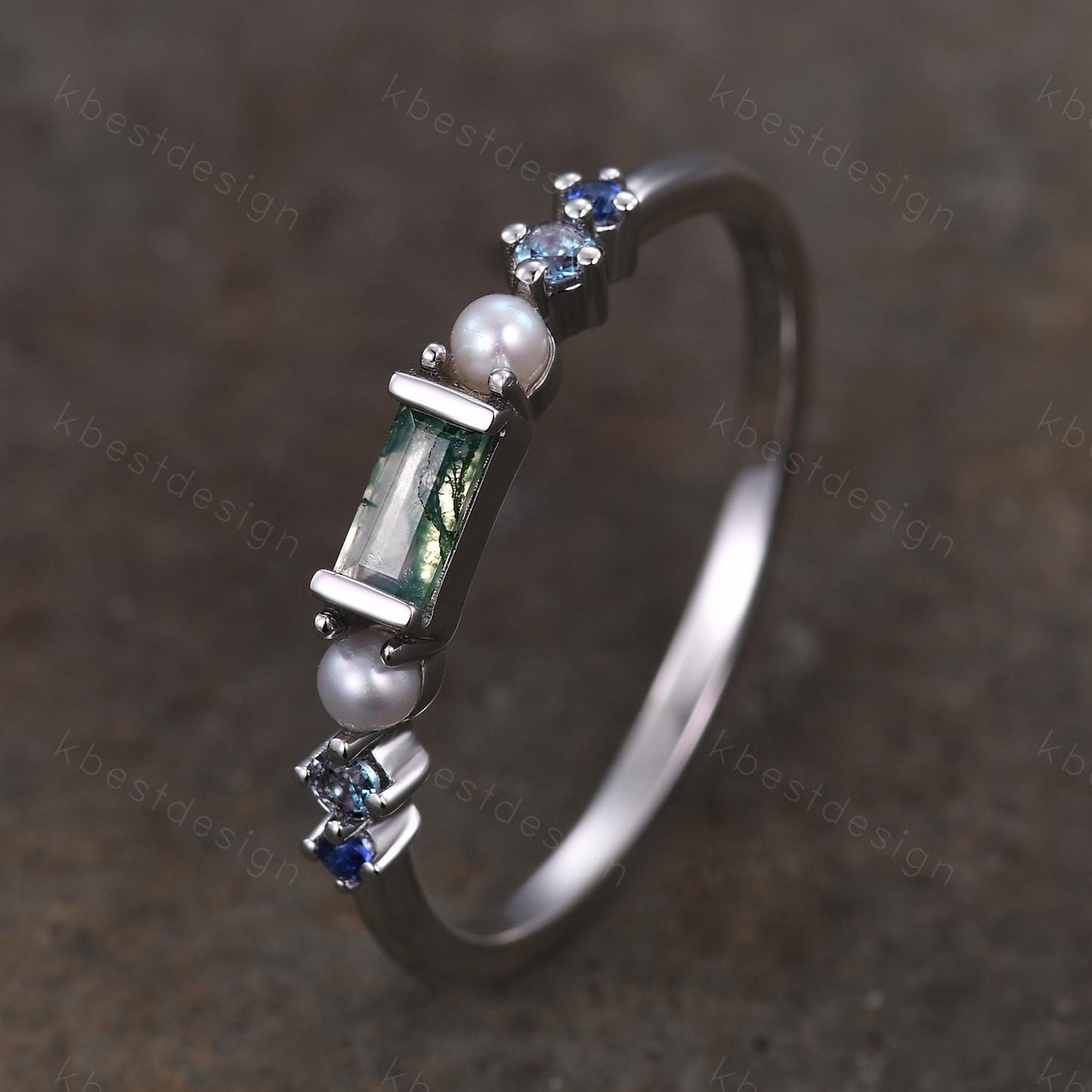 Baguette Moss Agate Ring,Alexandrite and Pearl Wedding Band,Unique Multi Gemstone Ring,Birthstone Jewelry,Gift For Mom,Personalized Gift