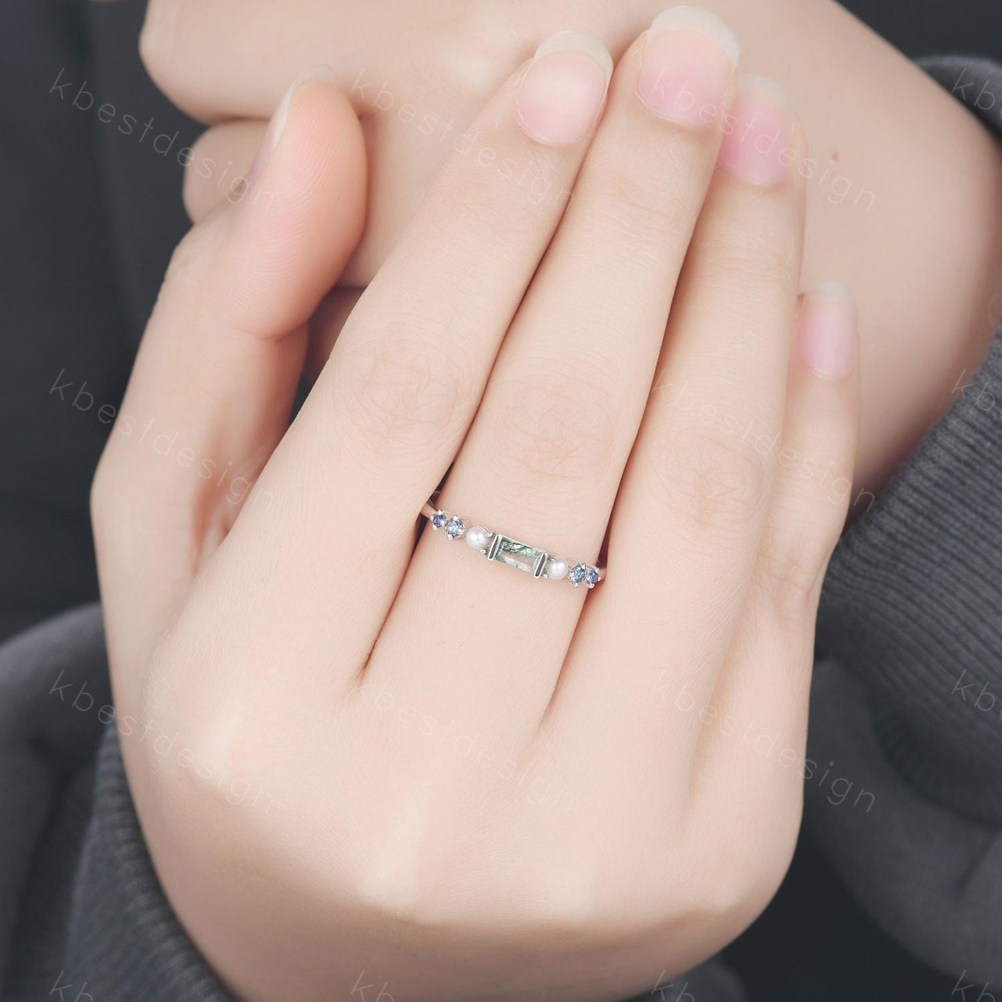 Baguette Moss Agate Ring,Alexandrite and Pearl Wedding Band,Unique Multi Gemstone Ring,Birthstone Jewelry,Gift For Mom,Personalized Gift