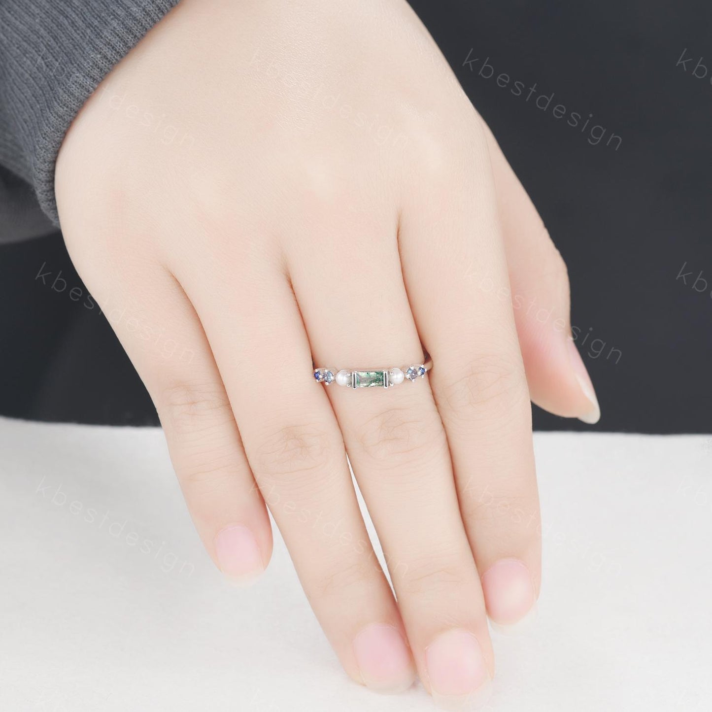 Baguette Moss Agate Ring,Alexandrite and Pearl Wedding Band,Unique Multi Gemstone Ring,Birthstone Jewelry,Gift For Mom,Personalized Gift