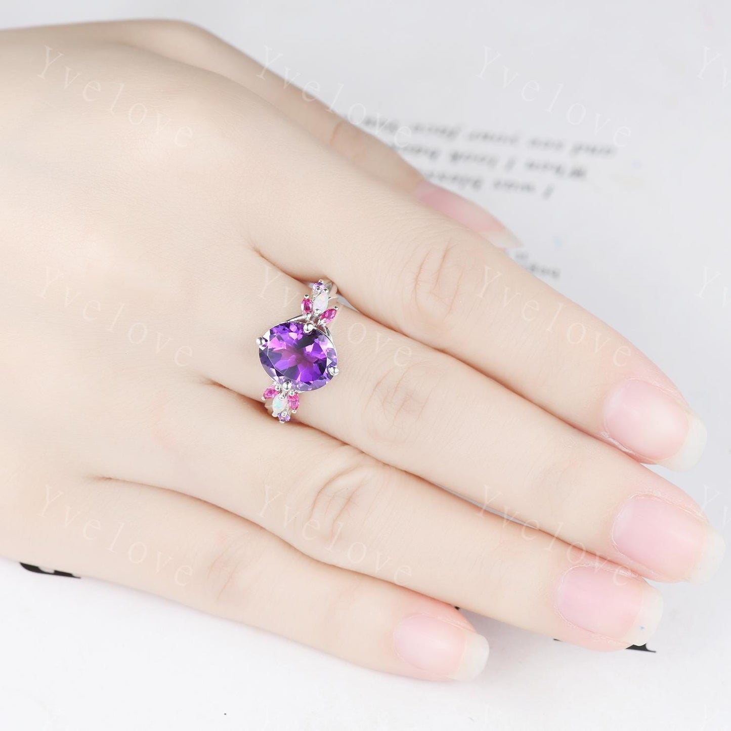 9x11mm Oval Amethyst Engagement Ring,14K White Gold,Vintage Vines Red Ruby Opal Ring,Women Bridal Ring,Unique Twig Anniversary Promise Gift