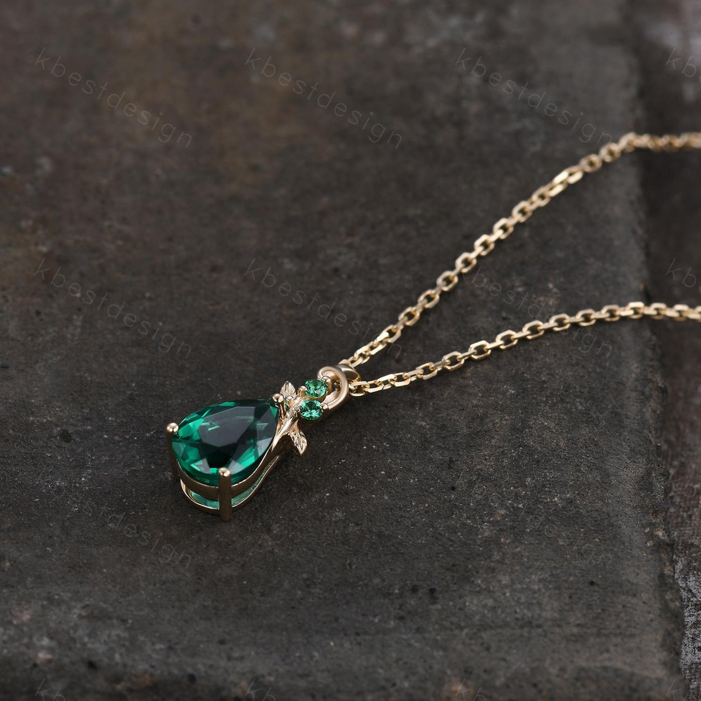 Nature inspired emerald necklace vintage women solid gold necklace unique leaf emerald pendant art deco pear cut pendant bridal promise gift