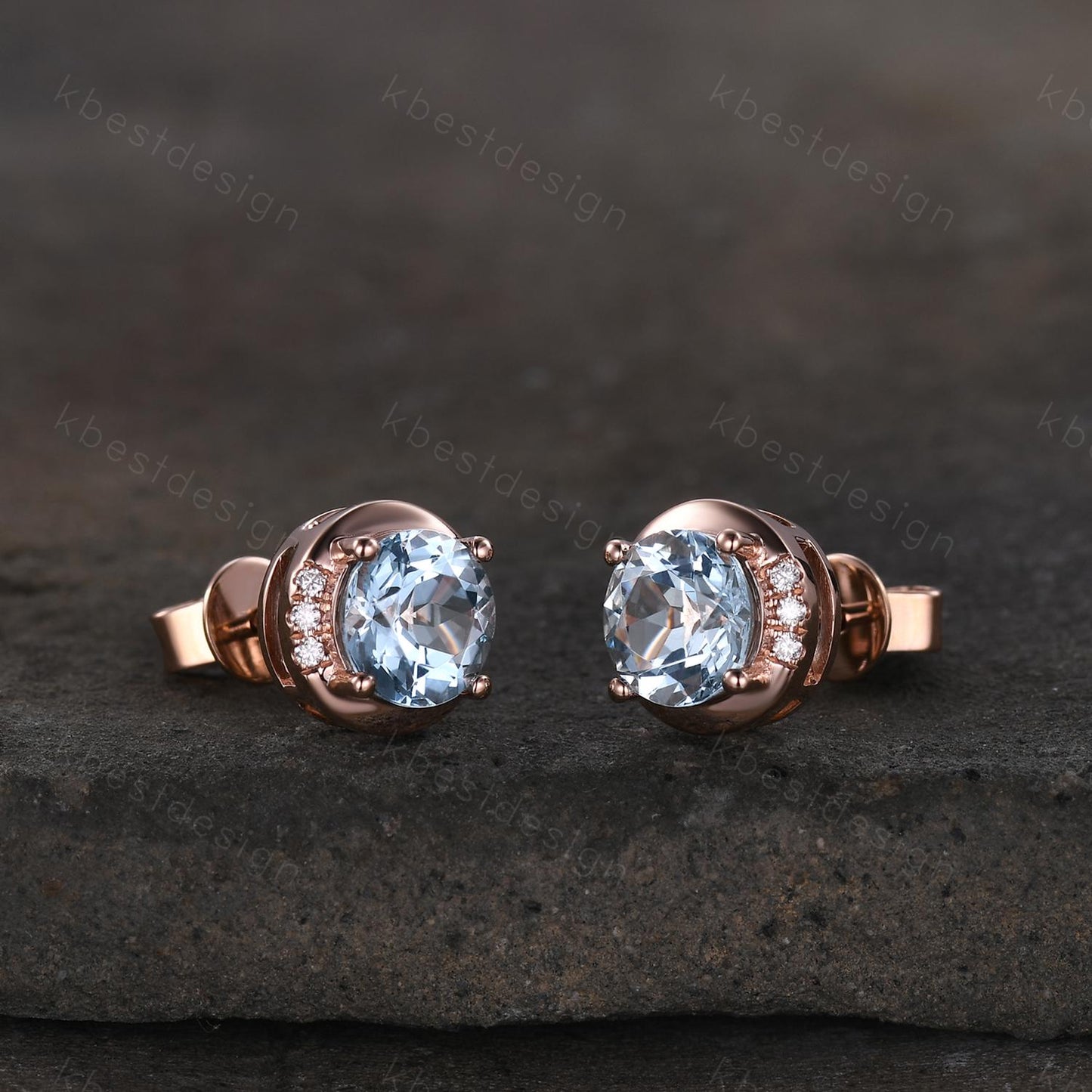 Round Aquamarine Earrings, Aquamarine Birthstone Stud Earrings, Rose Gold Earrings, Genuine Aquamarine Earrings, March Birthstone Earrings