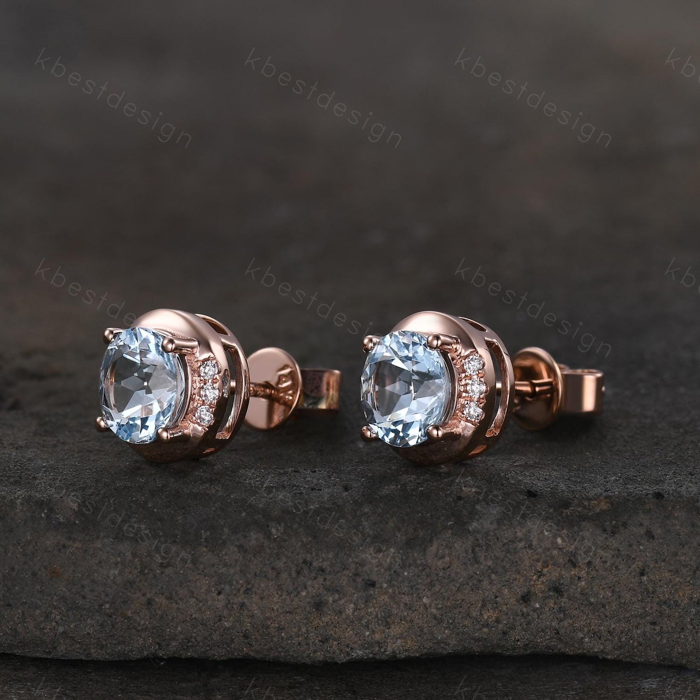 Round Aquamarine Earrings, Aquamarine Birthstone Stud Earrings, Rose Gold Earrings, Genuine Aquamarine Earrings, March Birthstone Earrings