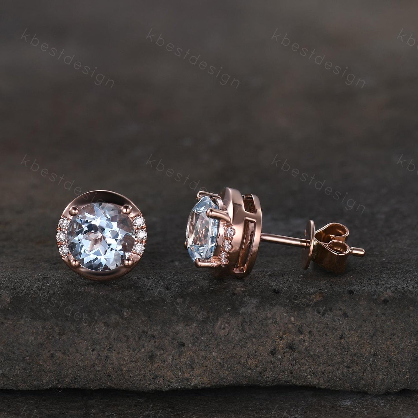 Round Aquamarine Earrings, Aquamarine Birthstone Stud Earrings, Rose Gold Earrings, Genuine Aquamarine Earrings, March Birthstone Earrings