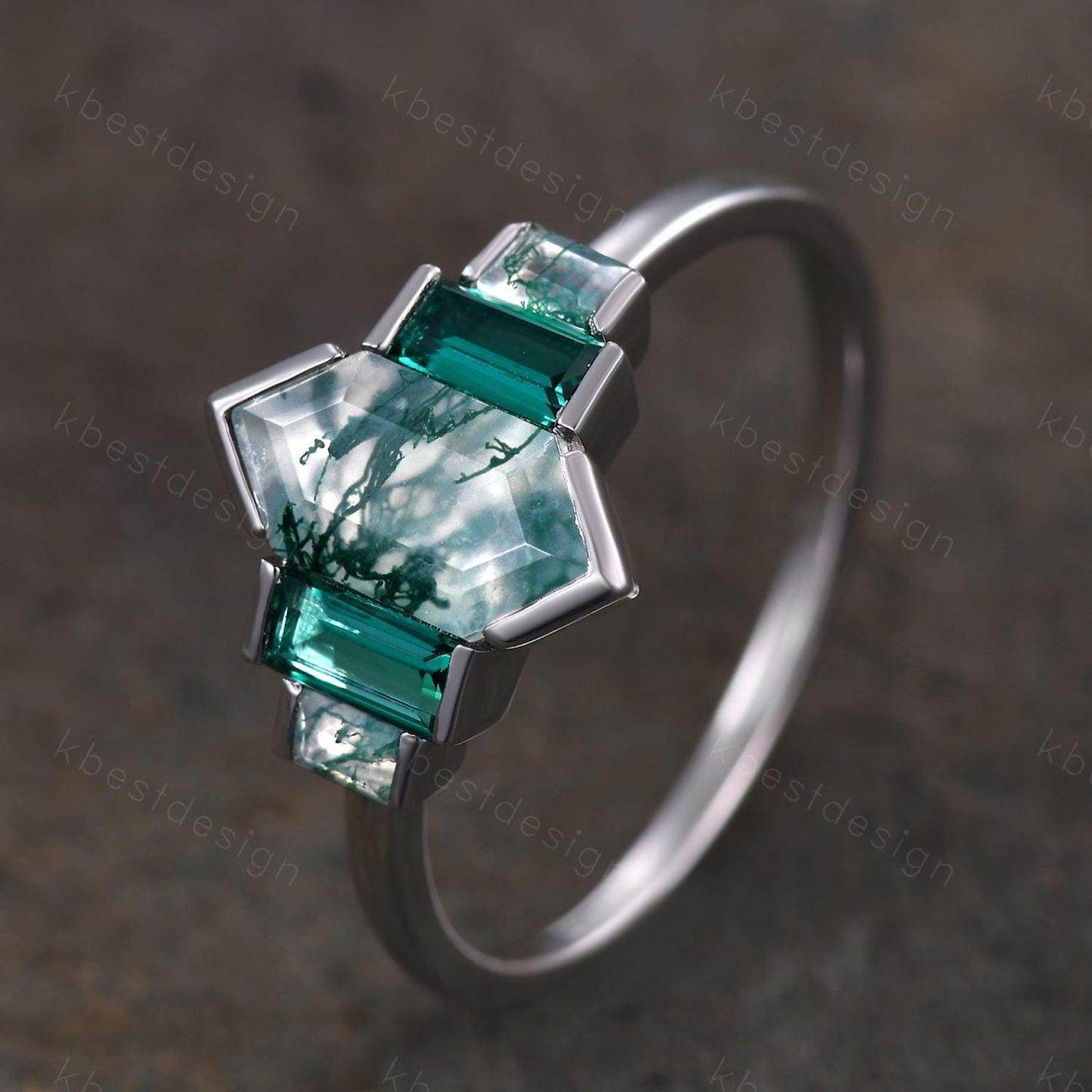 Hexagon cut Moss Agate ring Unique Five stone engagement ring Baguette Emerald ring Bezel set ring Vintage Bridal wedding anniversary ring