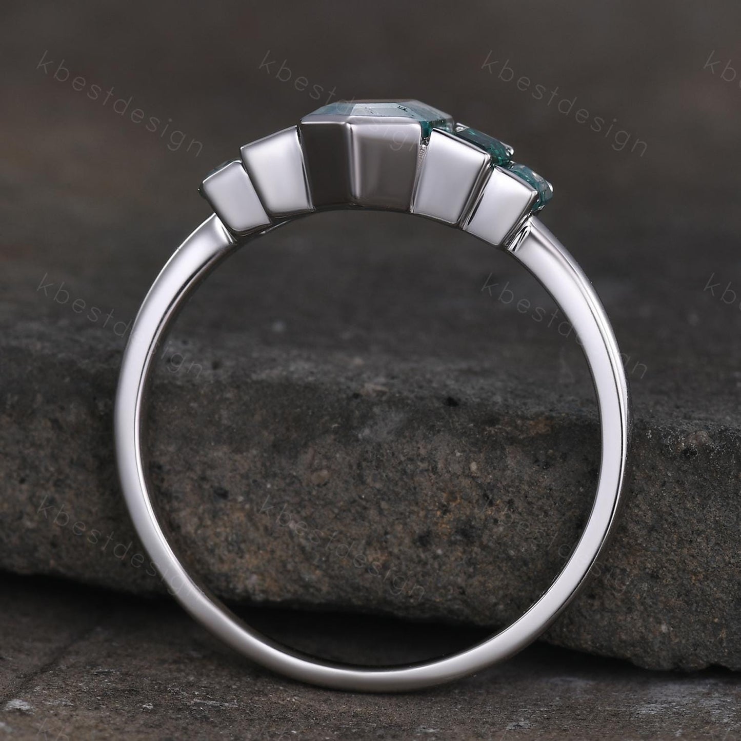 Hexagon cut Moss Agate ring Unique Five stone engagement ring Baguette Emerald ring Bezel set ring Vintage Bridal wedding anniversary ring