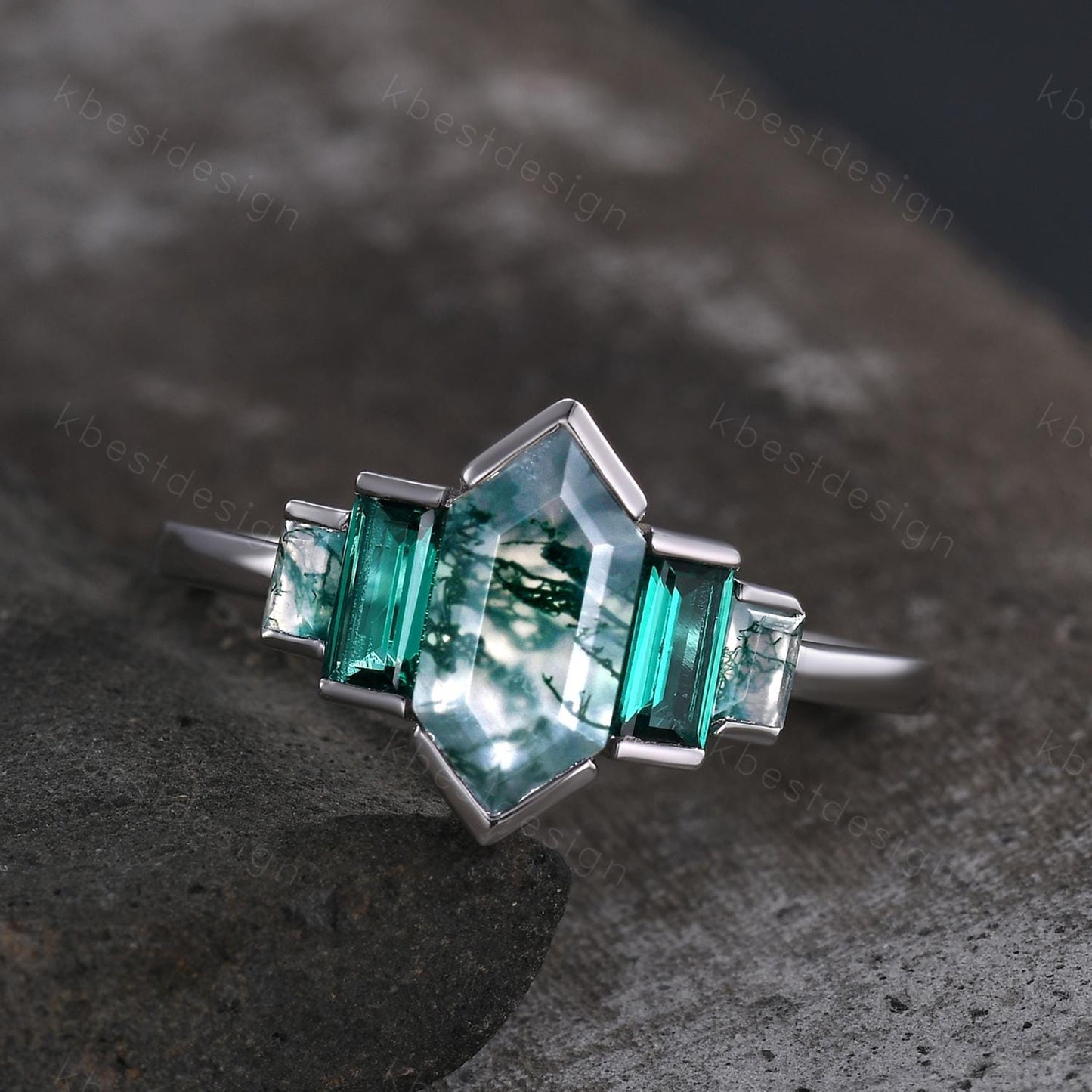 Hexagon cut Moss Agate ring Unique Five stone engagement ring Baguette Emerald ring Bezel set ring Vintage Bridal wedding anniversary ring