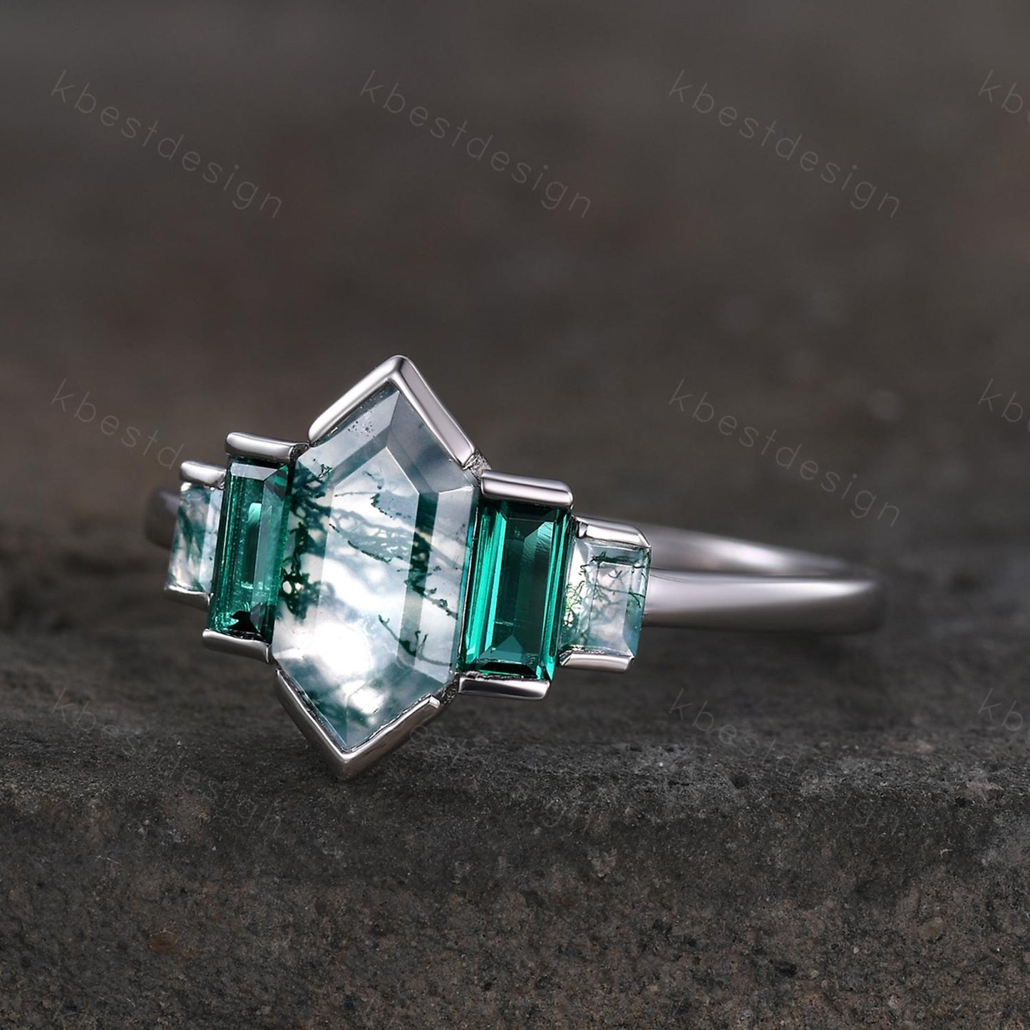 Hexagon cut Moss Agate ring Unique Five stone engagement ring Baguette Emerald ring Bezel set ring Vintage Bridal wedding anniversary ring