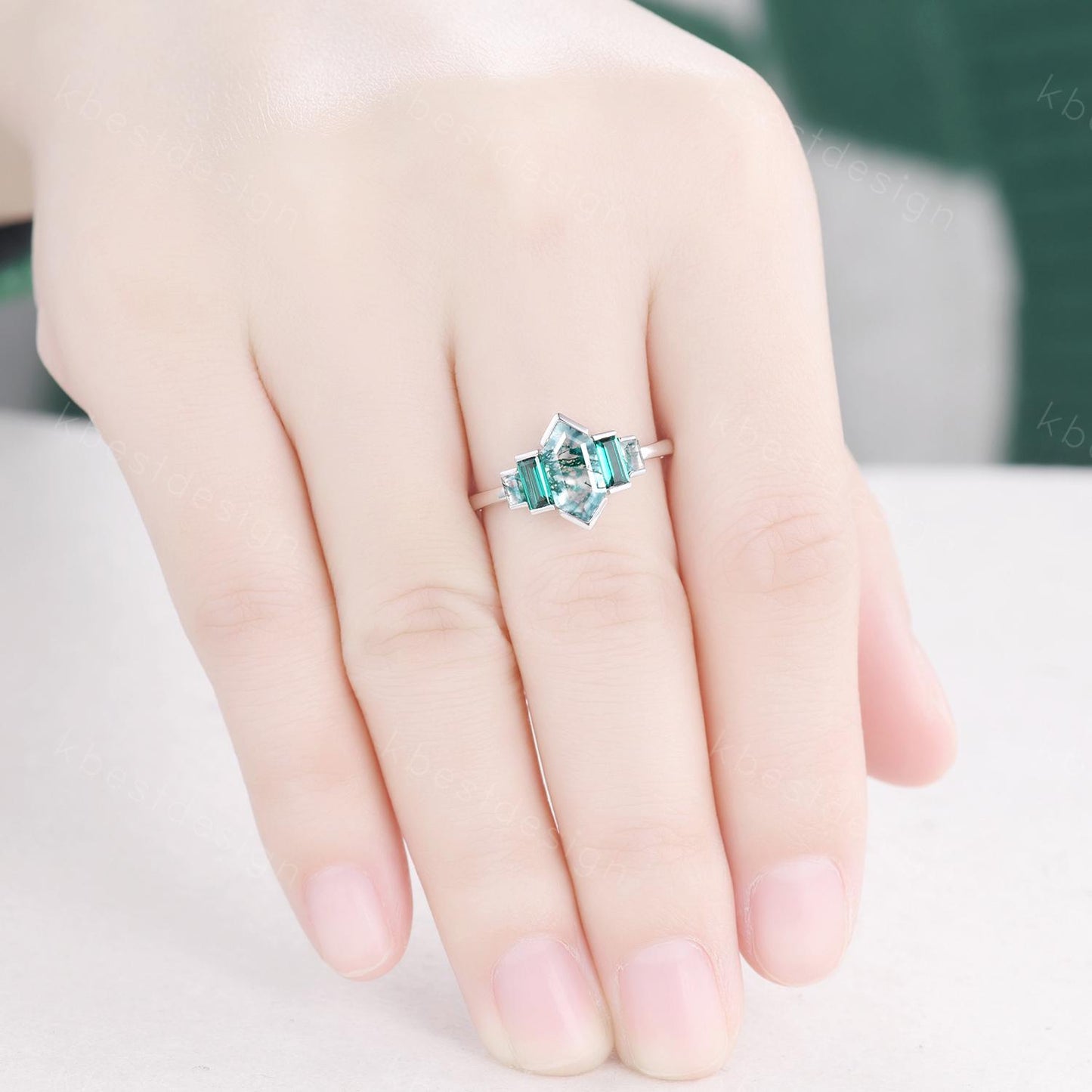 Hexagon cut Moss Agate ring Unique Five stone engagement ring Baguette Emerald ring Bezel set ring Vintage Bridal wedding anniversary ring