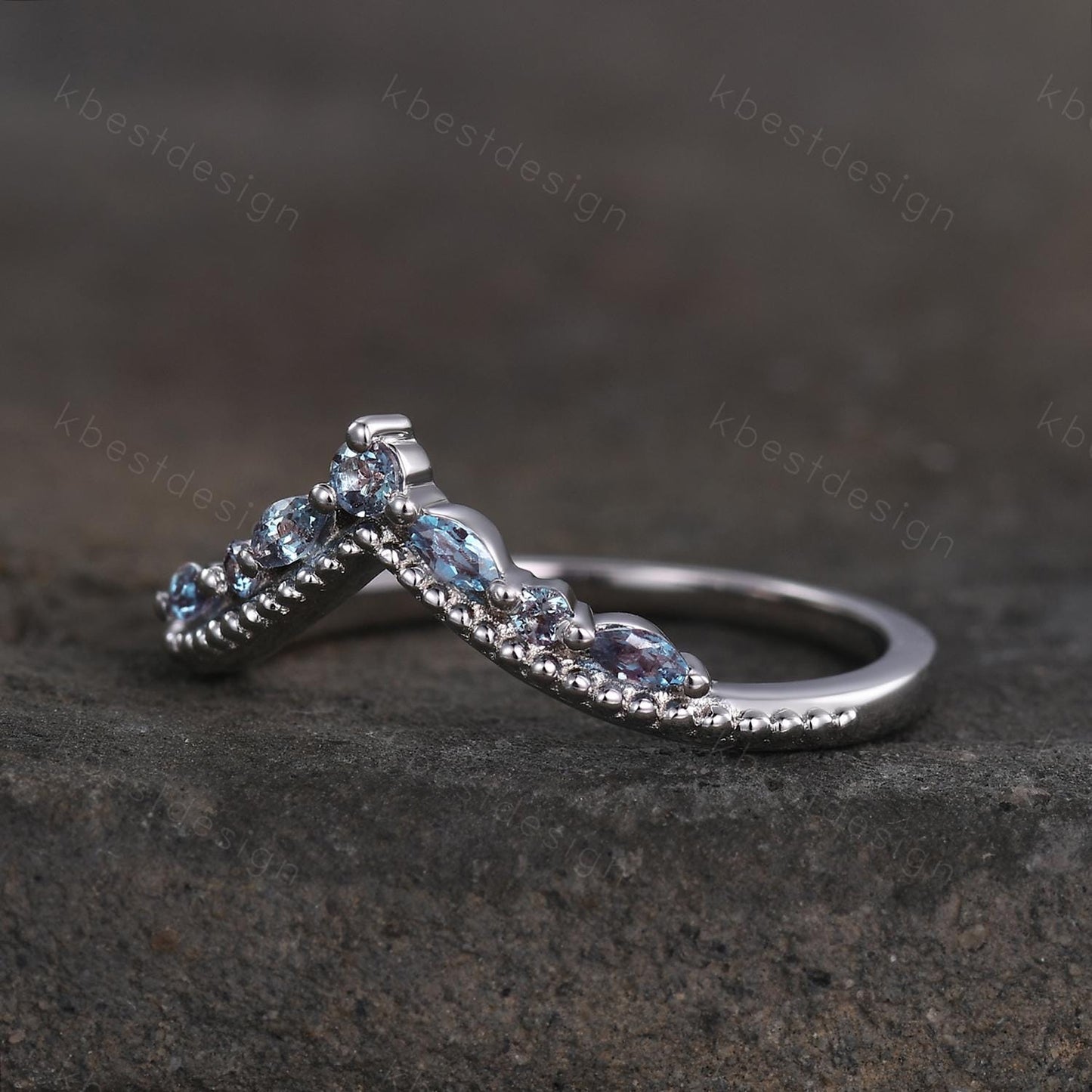 Curved Alexandrite wedding band sterling silver wedding band Unique art deco alexandrite stacking band Anniversary ring Women gift