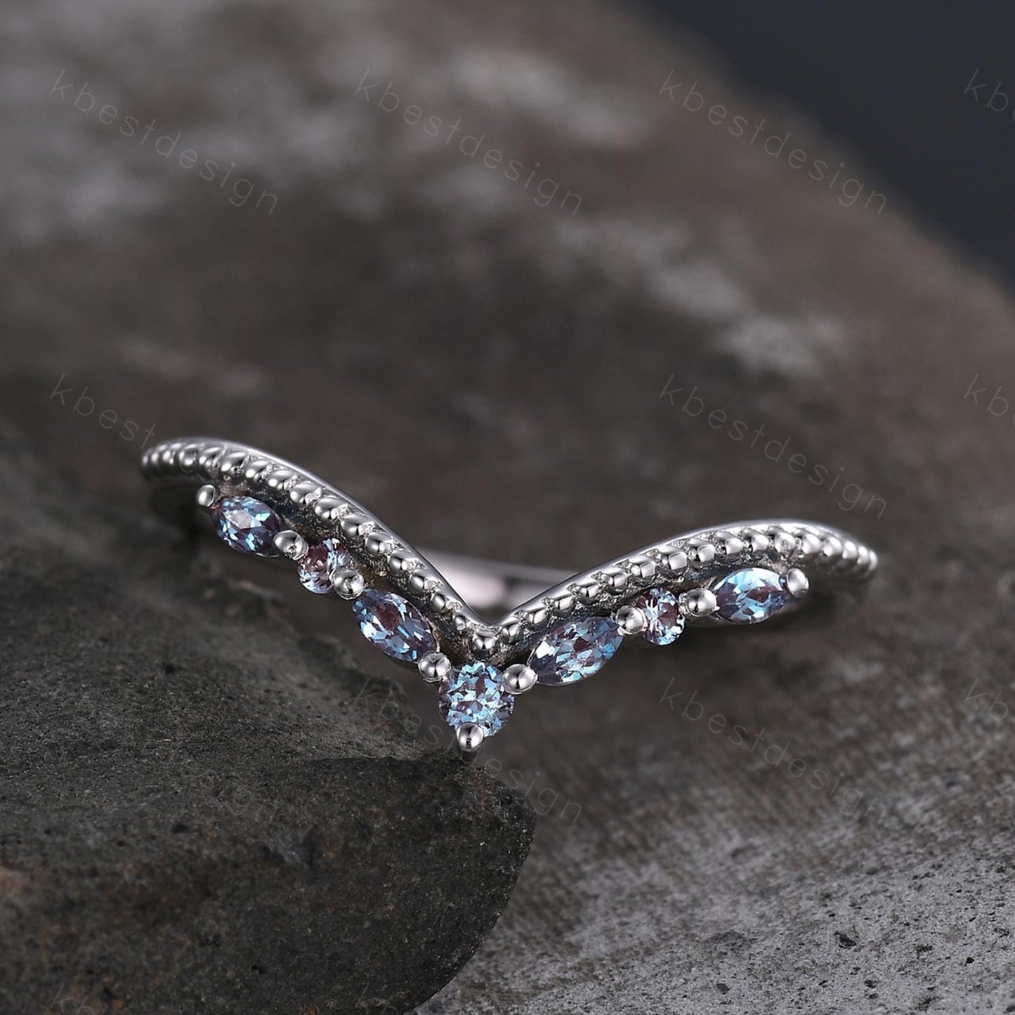 Curved Alexandrite wedding band sterling silver wedding band Unique art deco alexandrite stacking band Anniversary ring Women gift