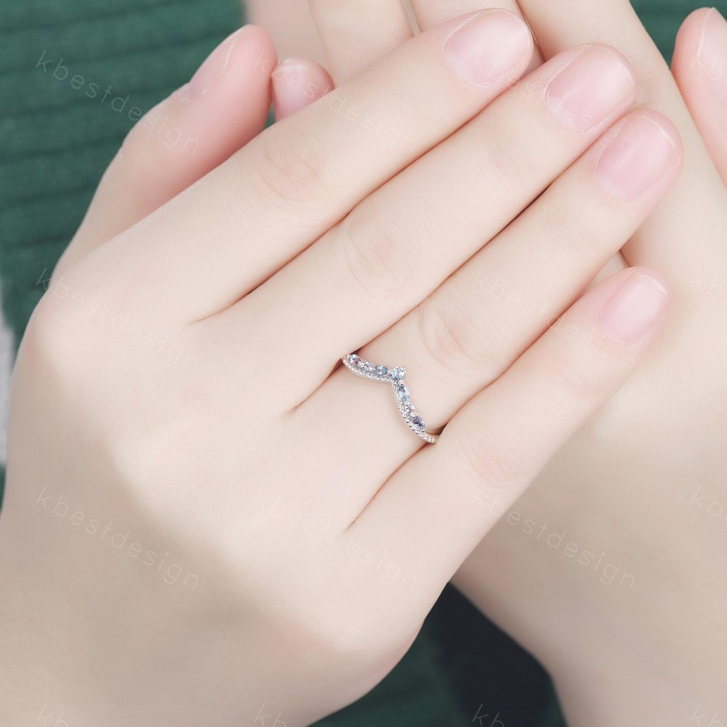 Curved Alexandrite wedding band sterling silver wedding band Unique art deco alexandrite stacking band Anniversary ring Women gift