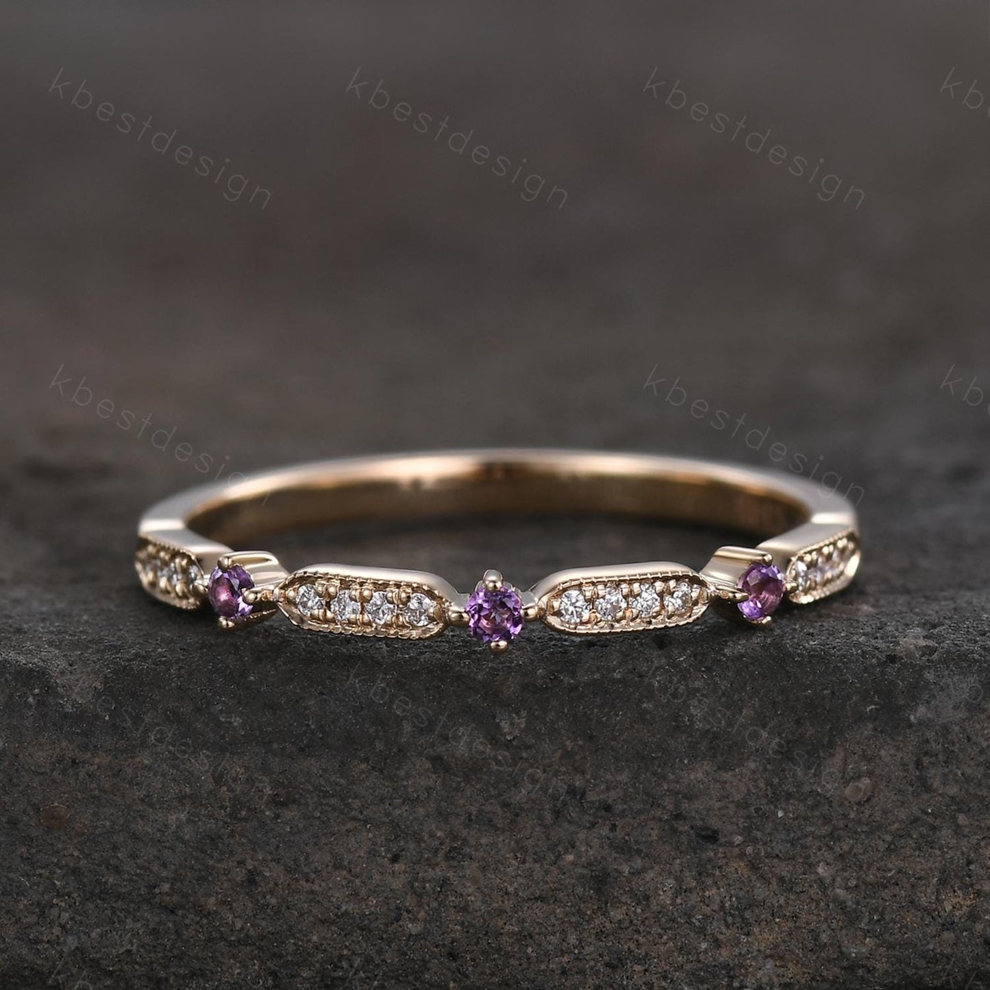 Dainty Amethyst Moissanite Wedding Band 14K Solid Gold Wedding Band Half Eternity Matching Band Stackable Minimalist Bridal Anniversary Ring
