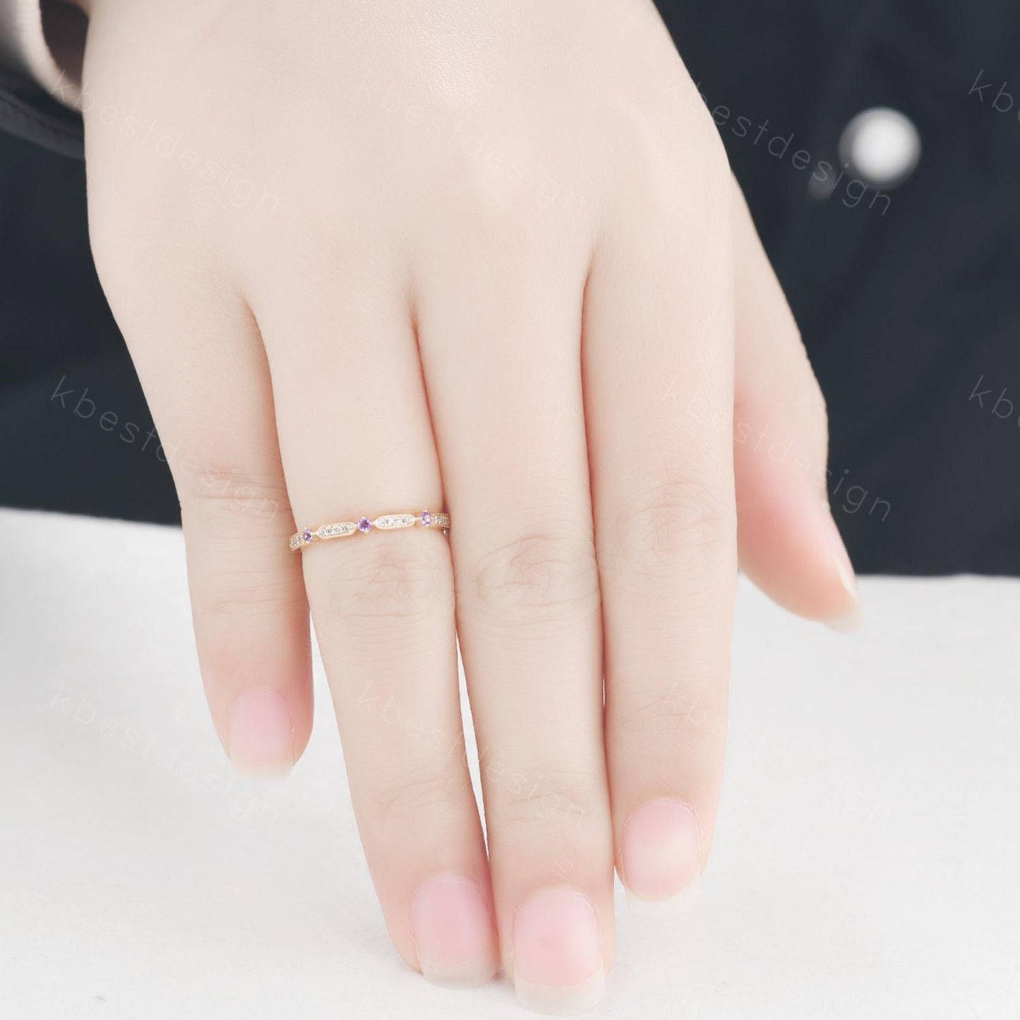Dainty Amethyst Moissanite Wedding Band 14K Solid Gold Wedding Band Half Eternity Matching Band Stackable Minimalist Bridal Anniversary Ring