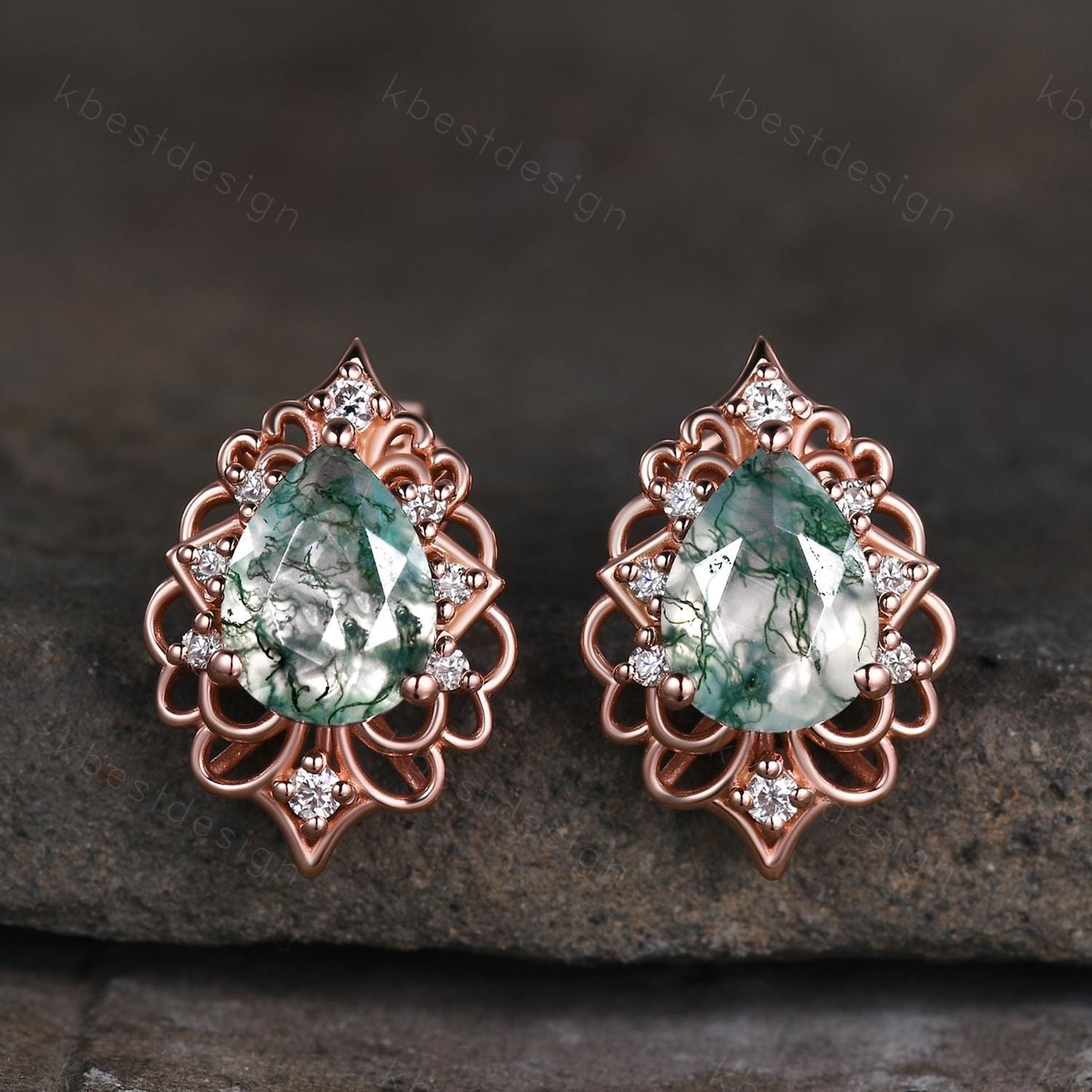 Vintage Moss Agate Earrings, Rose Gold Pear cut Vintage Earring Studs, Natural Moss Agate Jewelry, Unique Art Deco Bridal Promise Gift