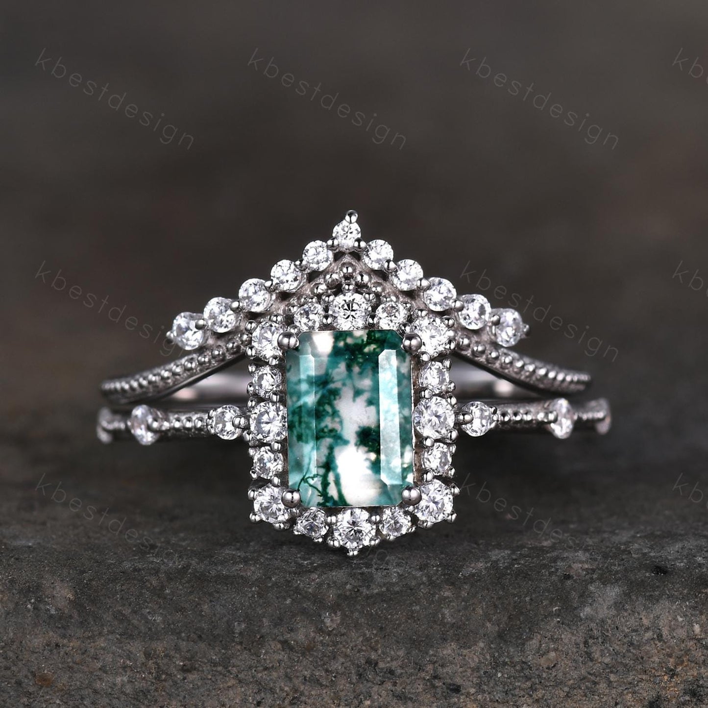 Emerald cut moss agate engagement ring set sterling silver green moss agate ring unique curved Moissanite stacking band bridal wedding set