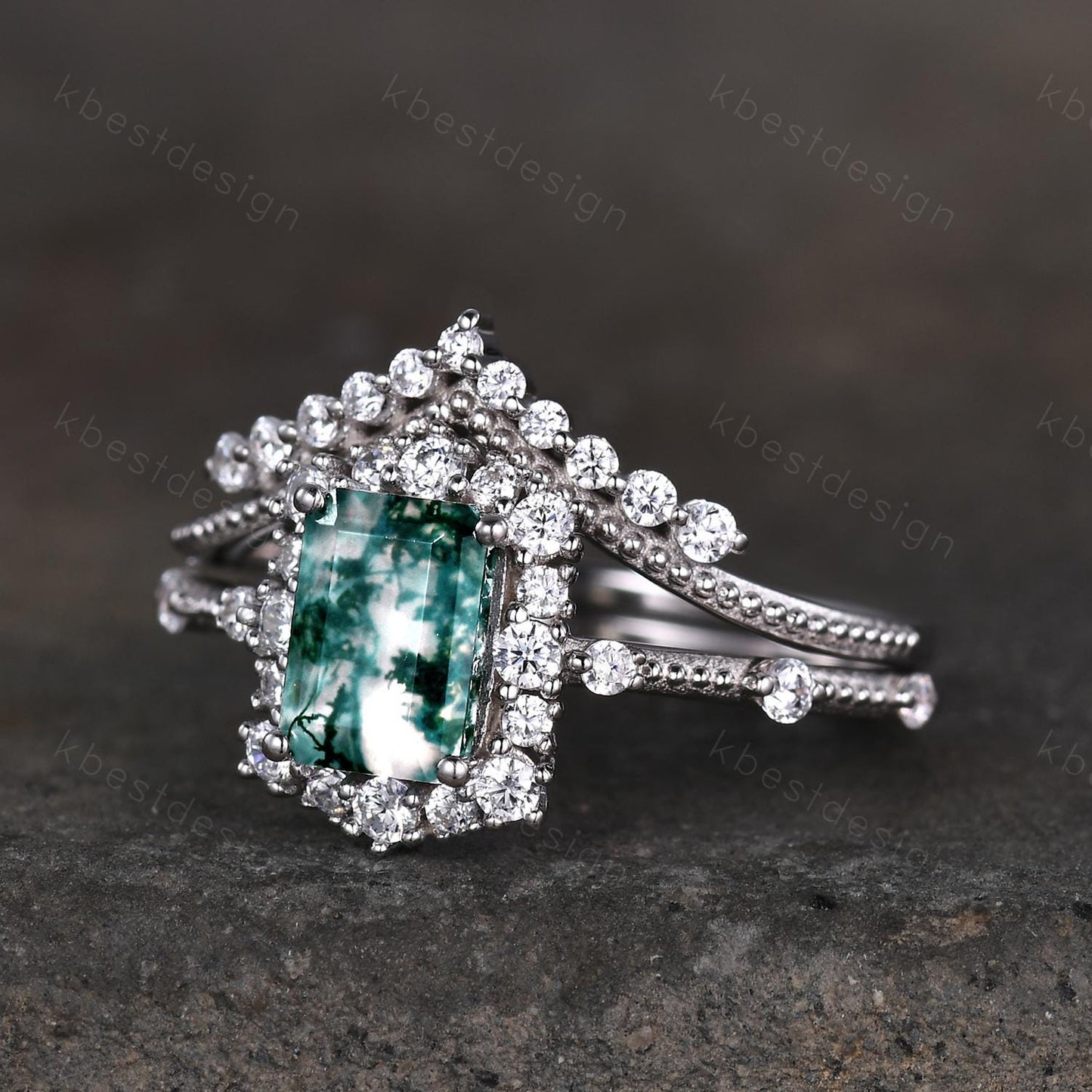 Emerald cut moss agate engagement ring set sterling silver green moss agate ring unique curved Moissanite stacking band bridal wedding set