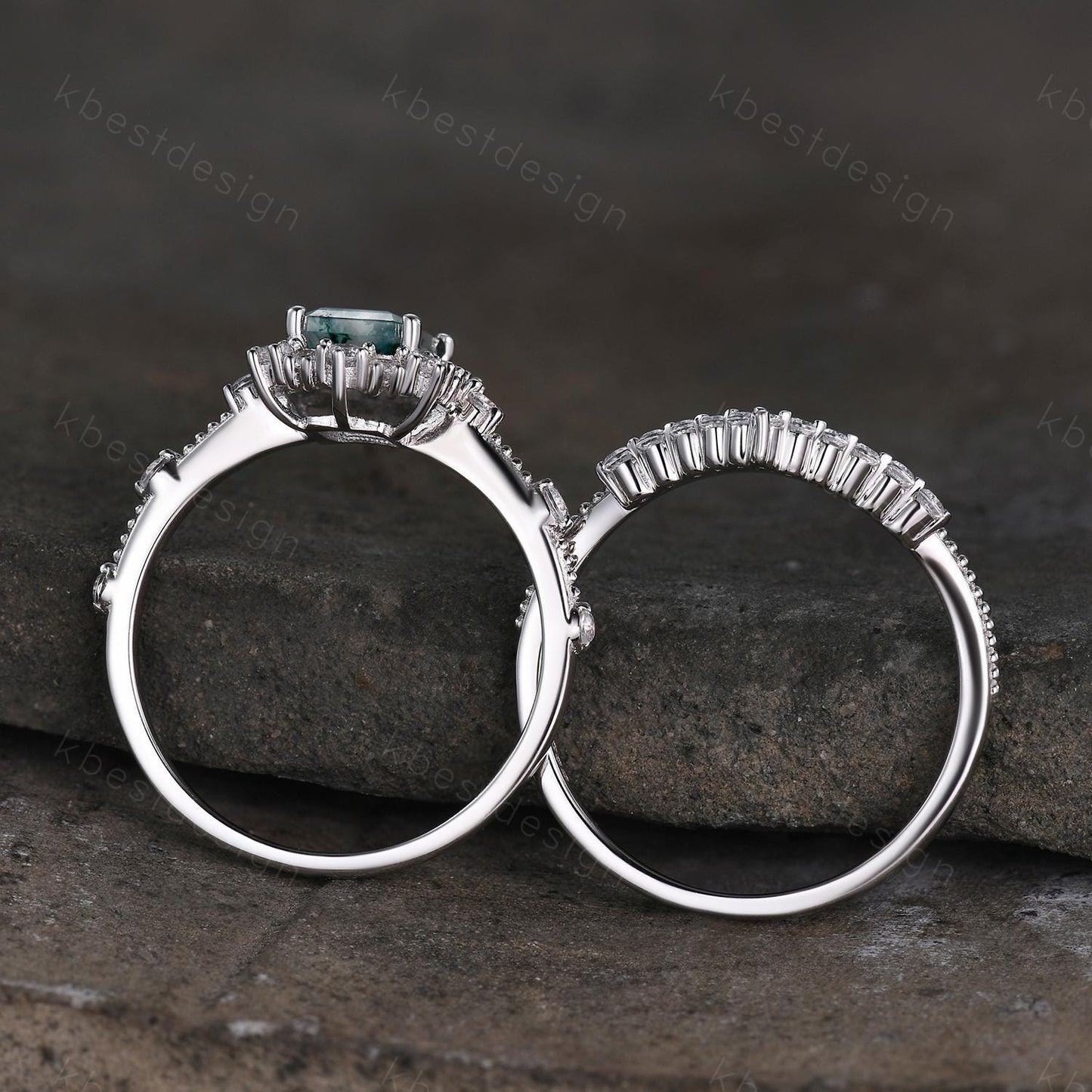 Emerald cut moss agate engagement ring set sterling silver green moss agate ring unique curved Moissanite stacking band bridal wedding set