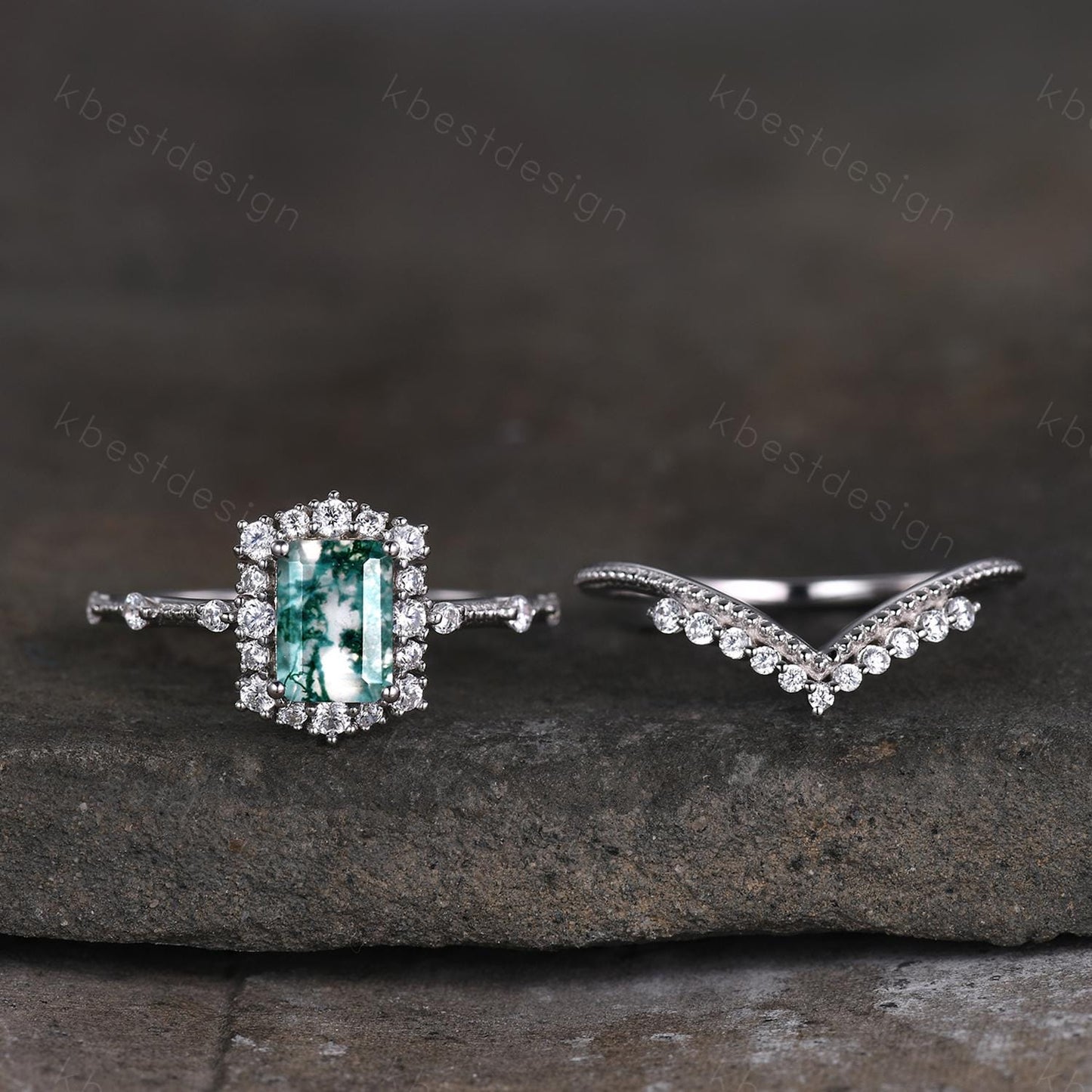 Emerald cut moss agate engagement ring set sterling silver green moss agate ring unique curved Moissanite stacking band bridal wedding set