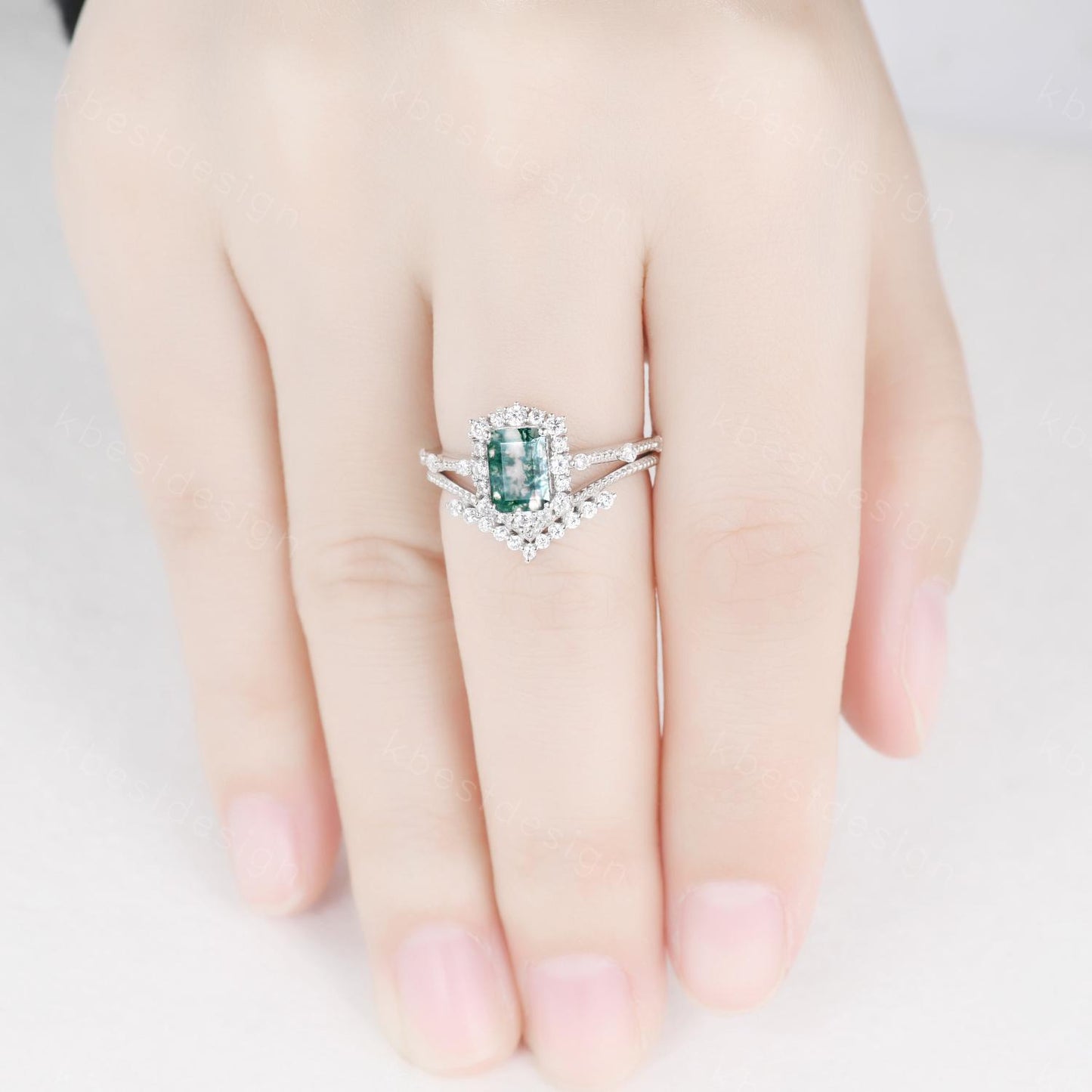 Emerald cut moss agate engagement ring set sterling silver green moss agate ring unique curved Moissanite stacking band bridal wedding set