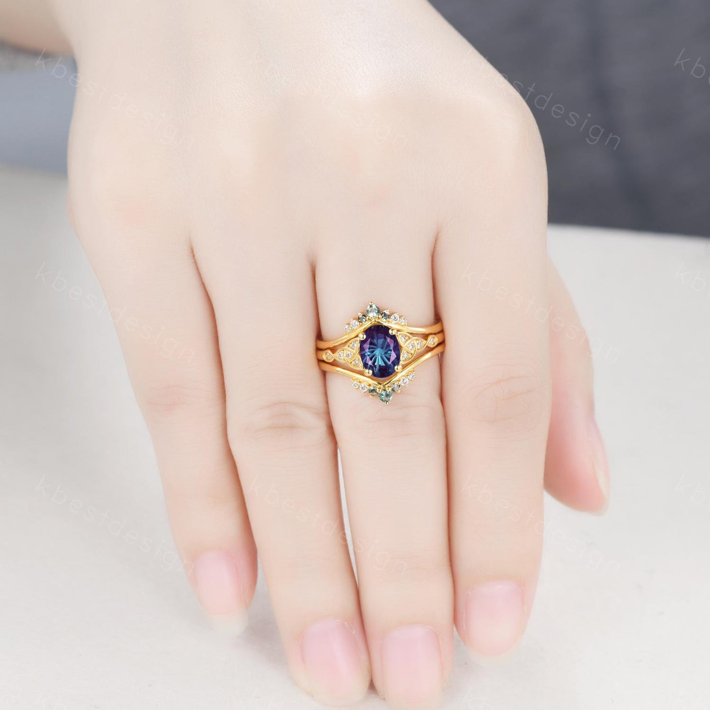 Fireworks cut Alexandrite engagement ring set yellow gold double curved moss agate stacking band unique celtic ring vintage bridal set