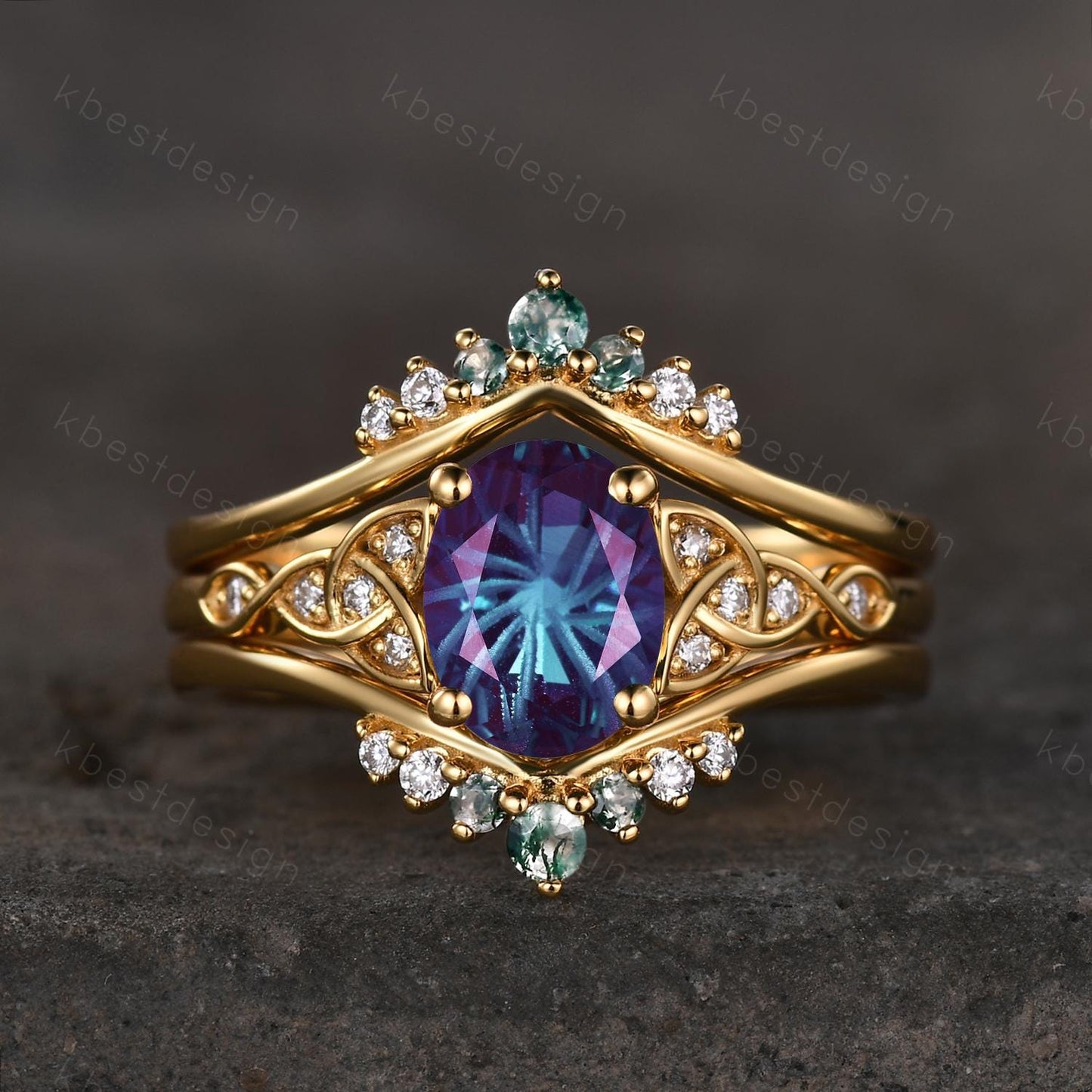 Fireworks cut Alexandrite engagement ring set yellow gold double curved moss agate stacking band unique celtic ring vintage bridal set