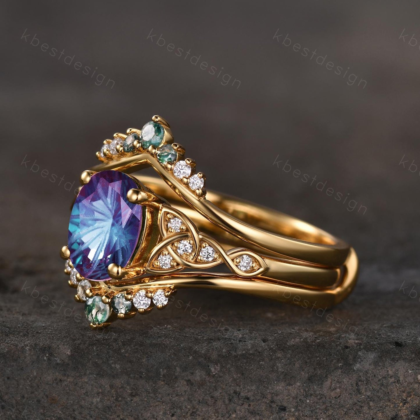 Fireworks cut Alexandrite engagement ring set yellow gold double curved moss agate stacking band unique celtic ring vintage bridal set