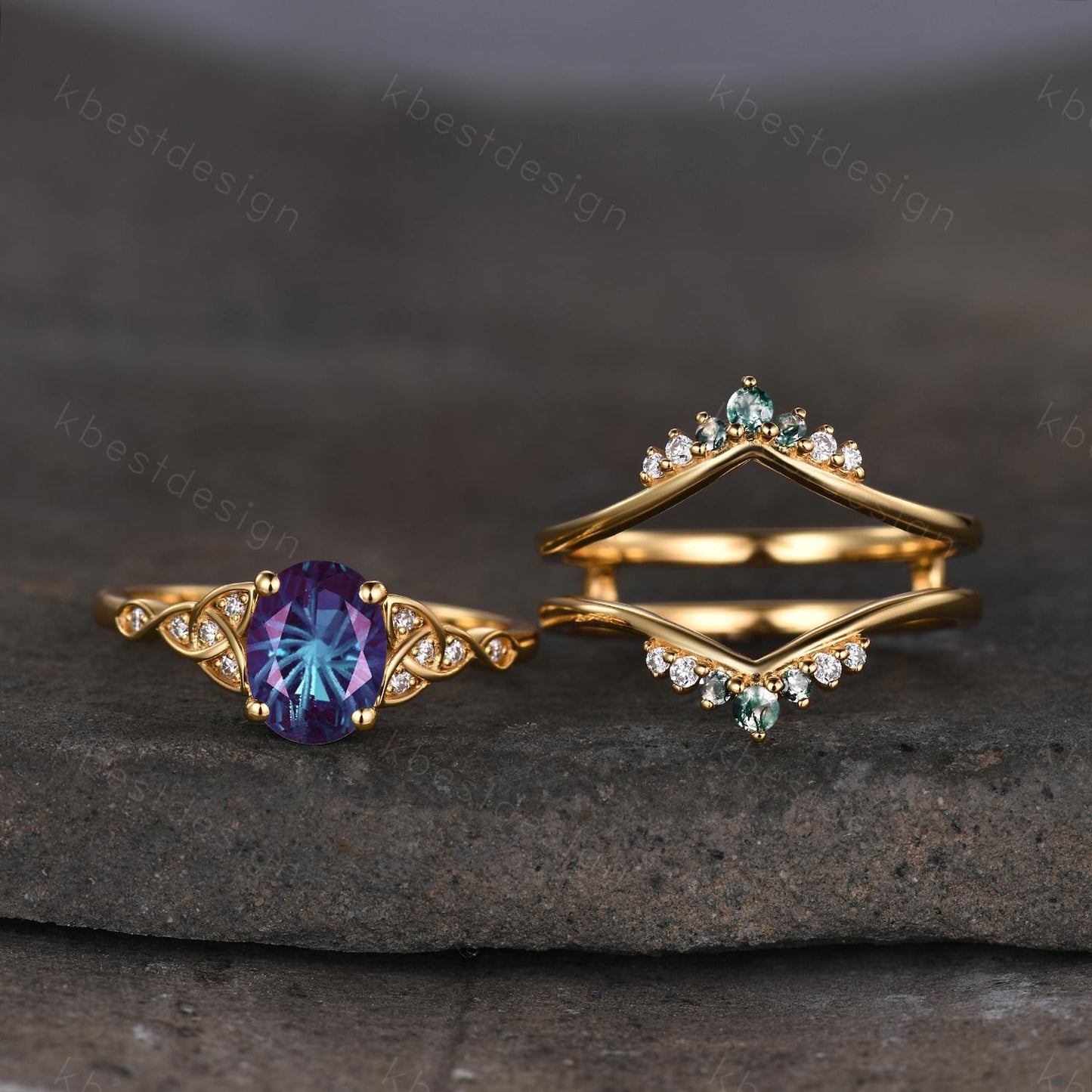 Fireworks cut Alexandrite engagement ring set yellow gold double curved moss agate stacking band unique celtic ring vintage bridal set