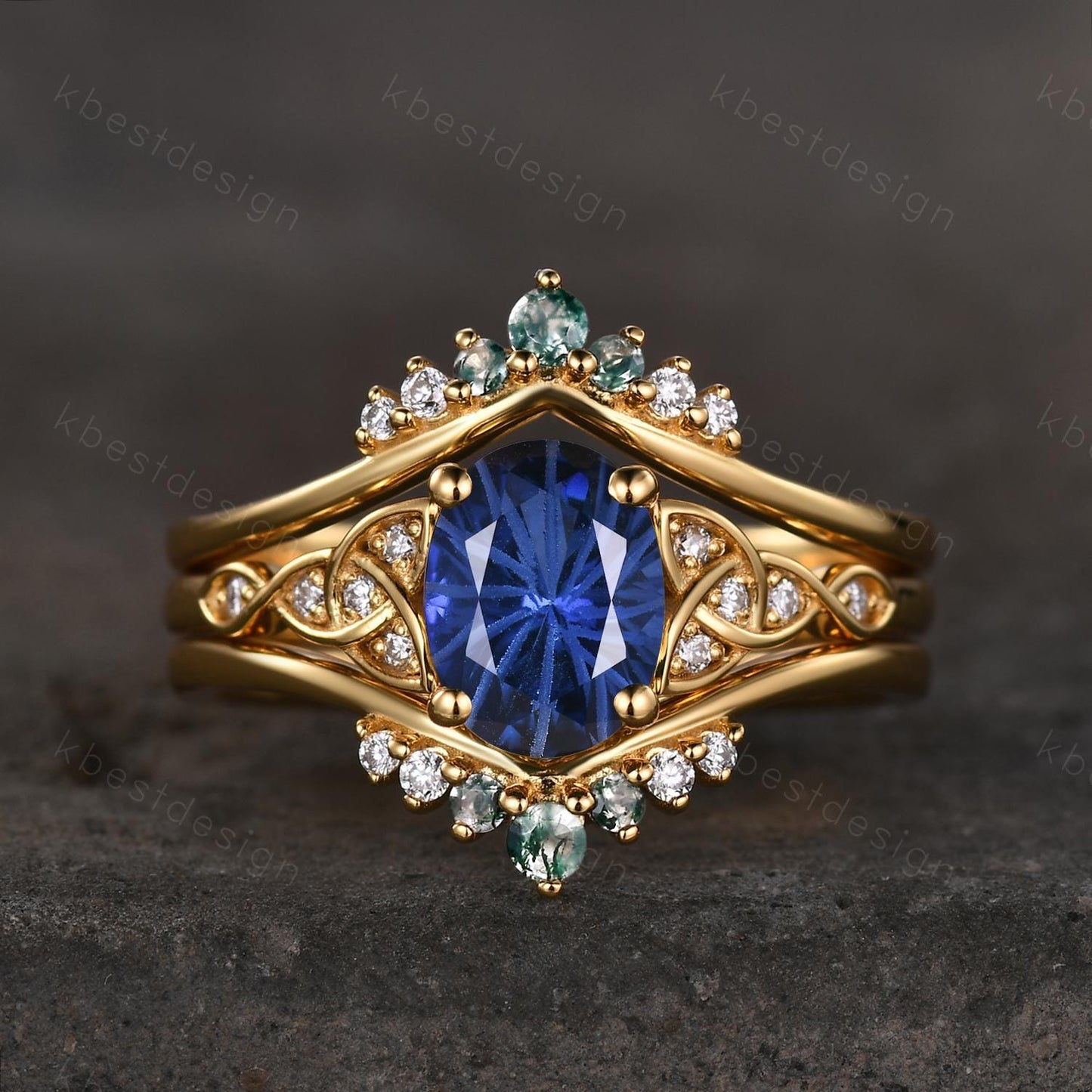 Fireworks Cut Blue Sapphire Engagement Ring Set Unique Double Curved Band 14K Solid Gold Promise Rings For Women Moss Agate Stacking Band