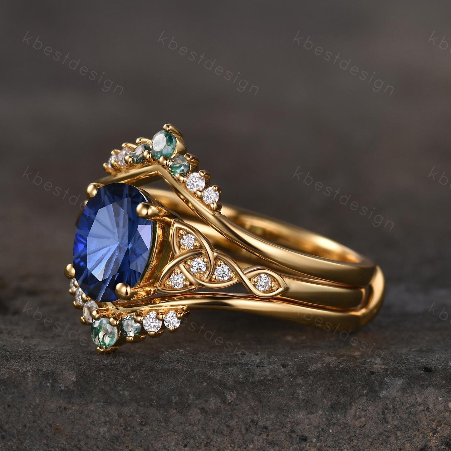 Fireworks Cut Blue Sapphire Engagement Ring Set Unique Double Curved Band 14K Solid Gold Promise Rings For Women Moss Agate Stacking Band