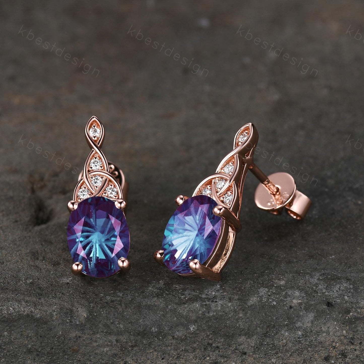 Celtic fireworks alexandrite earrings women rose gold earring studs oval cut earrings art deco alexandrite studs anniversary gift for her