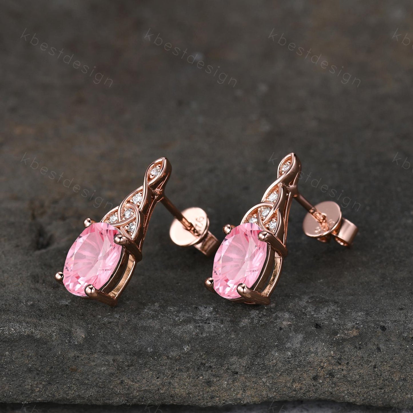 Fireworks pink sapphire earrings women rose gold earring studs oval cut earrings art deco celtic studs pink jewelry anniversary gift for her