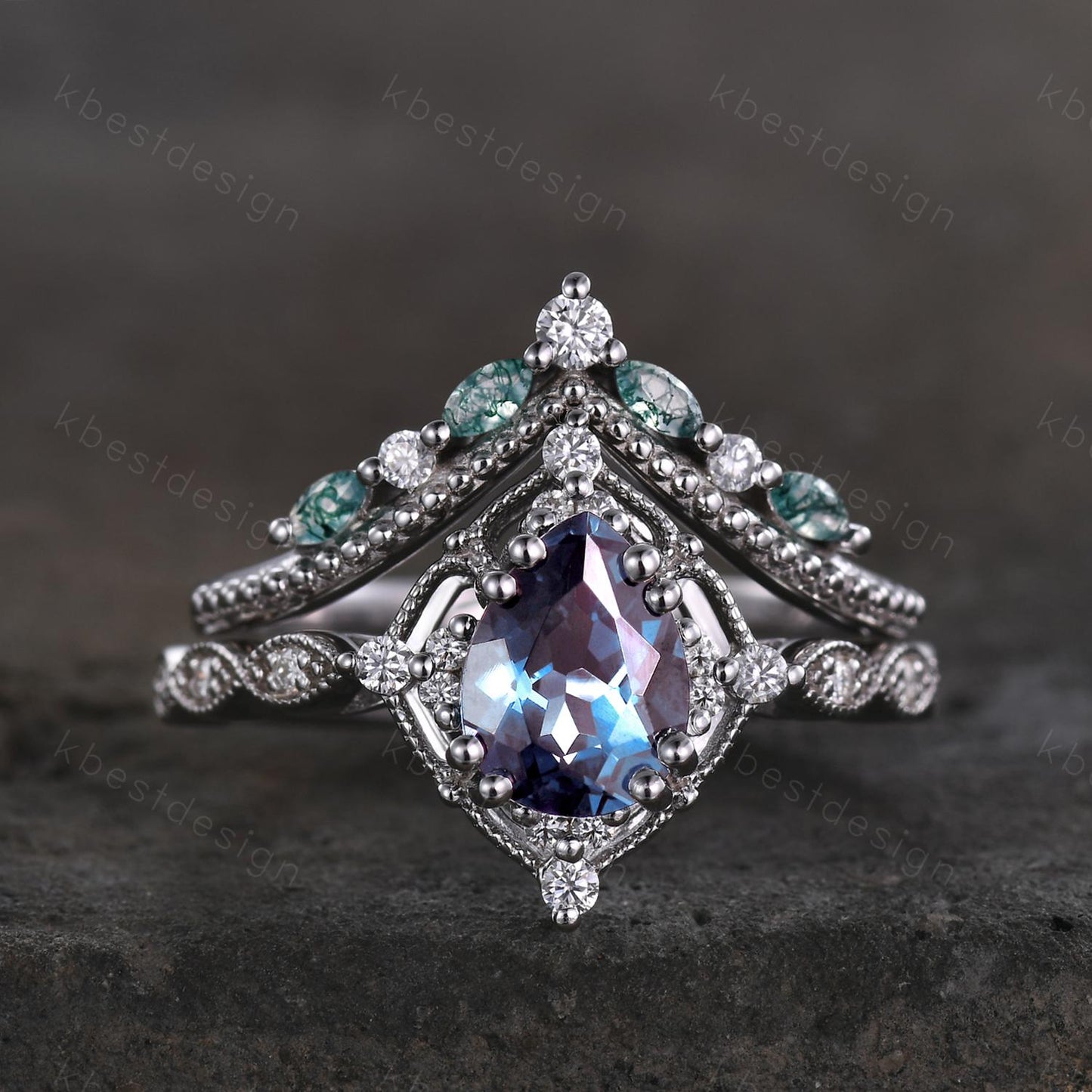 Vintage Alexandrite engagement ring set art deco pear shaped alexandrite ring curved moss agate stacking ring unique bridal promise ring set