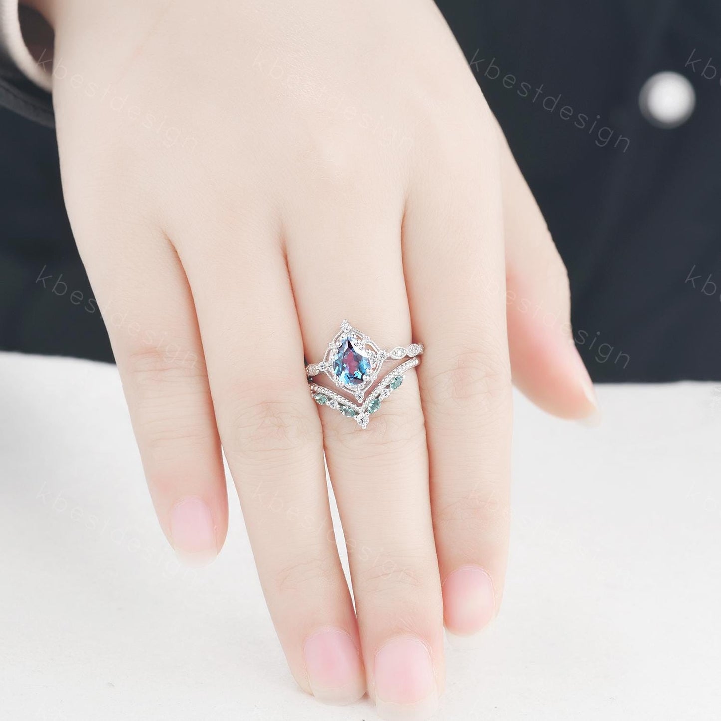 Vintage Alexandrite engagement ring set art deco pear shaped alexandrite ring curved moss agate stacking ring unique bridal promise ring set