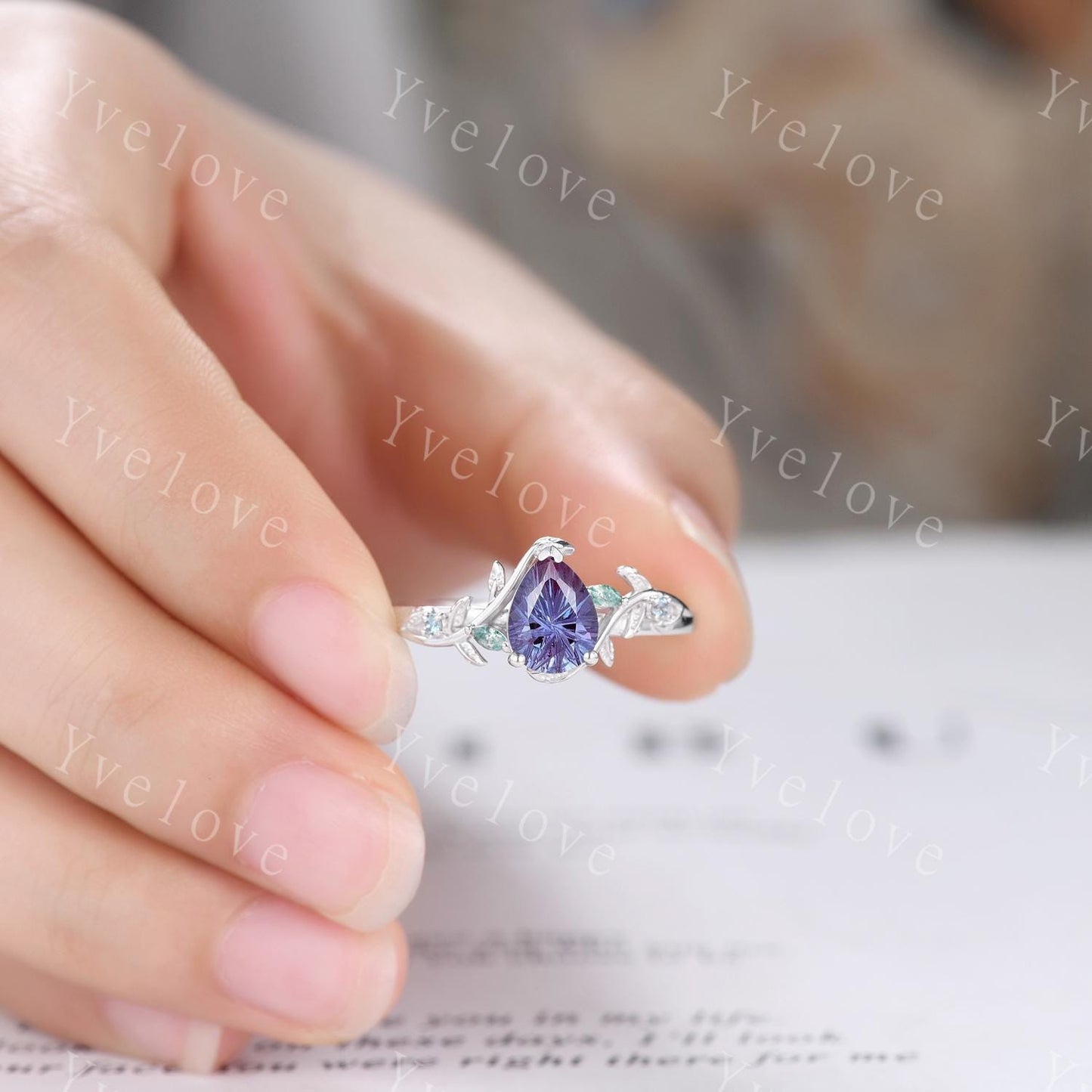 Firework Cut Alexandrite Engagement ring 14K Rose Gold Leaf Nature Inspired Bridal Sets Promise Ring Purple Gems Ring Jewelry gifts for her