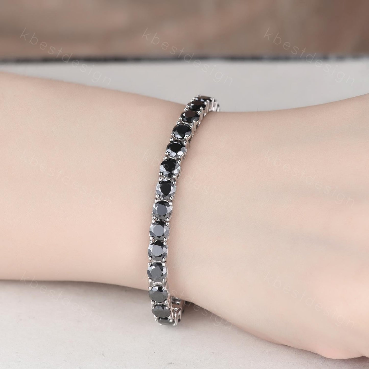 Unique 5mm Black Moissanite Tennis Bracelet, Eternity Round Cut Bracelet for Women, Moissanite Wedding Jewelry, Boho Silver Bracelet