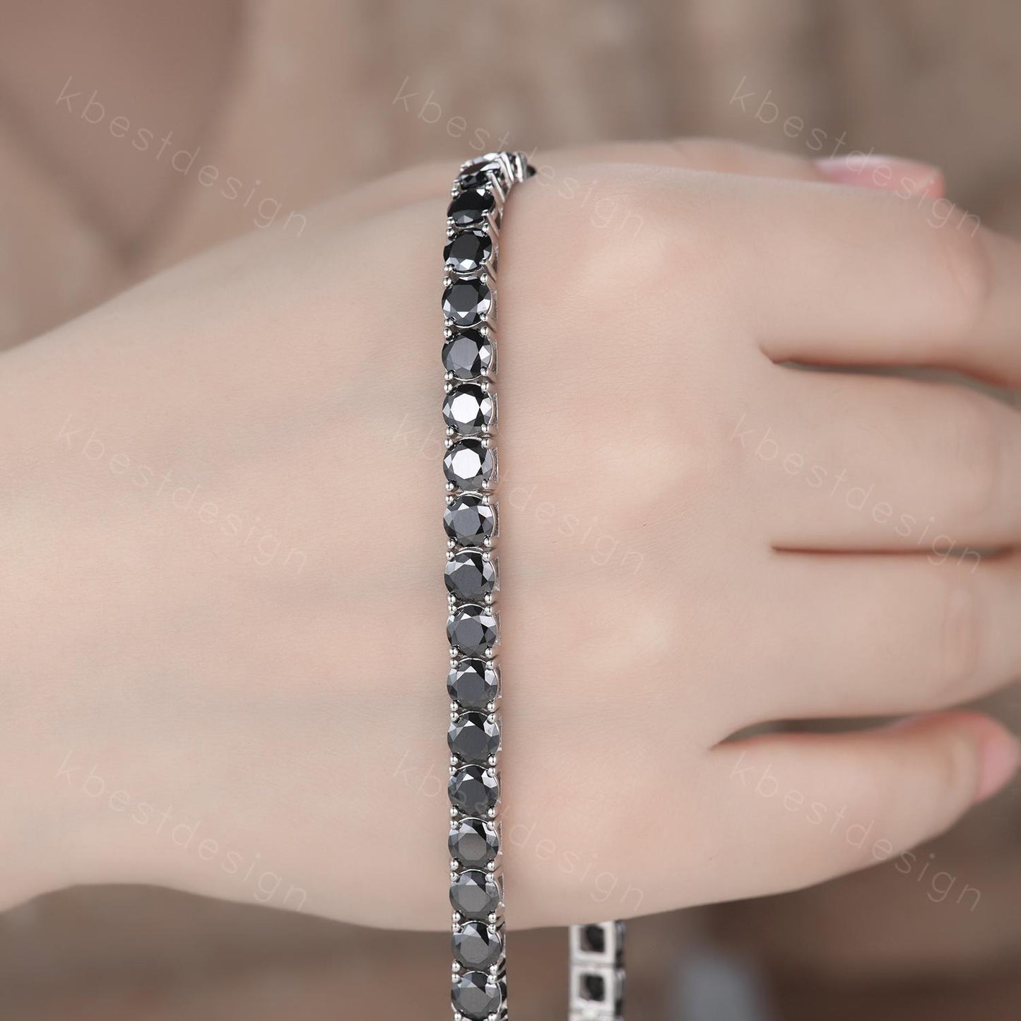 Unique 5mm Black Moissanite Tennis Bracelet, Eternity Round Cut Bracelet for Women, Moissanite Wedding Jewelry, Boho Silver Bracelet