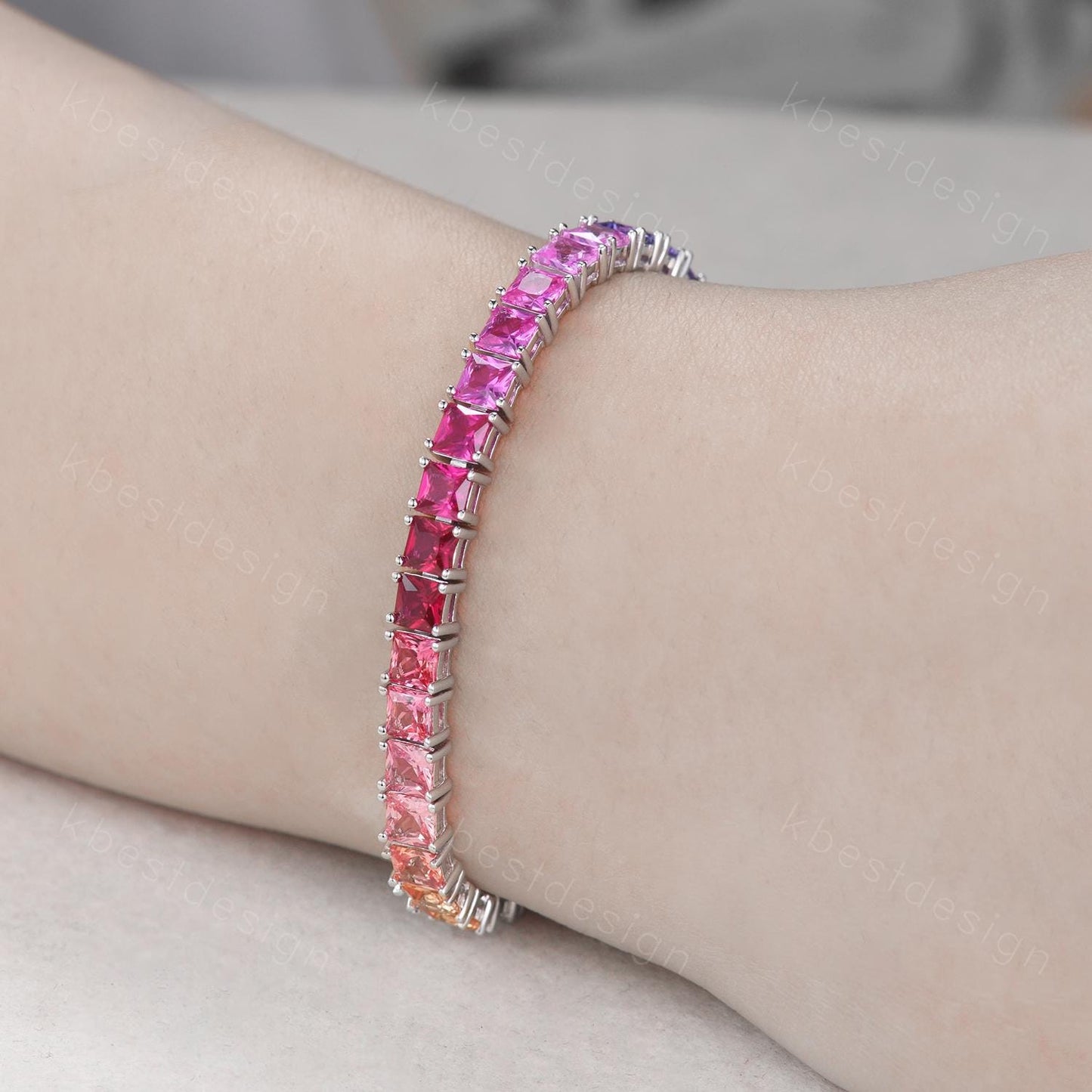 4MM Princess cut Gradient Sapphire Bracelet Rainbow Sapphire Tennis Bracelet 925 Sterling Silver Tennis Bracelet for Women Anniversary Gift