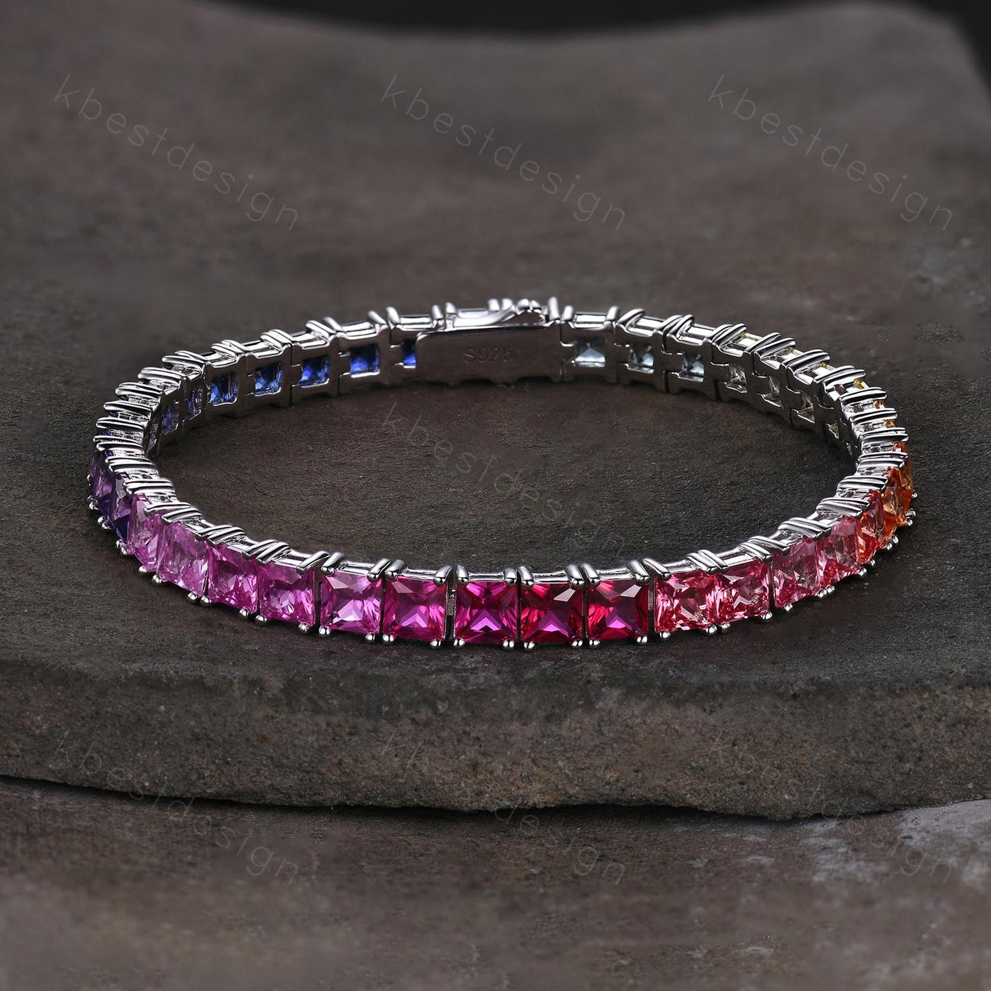 4MM Princess cut Gradient Sapphire Bracelet Rainbow Sapphire Tennis Bracelet 925 Sterling Silver Tennis Bracelet for Women Anniversary Gift