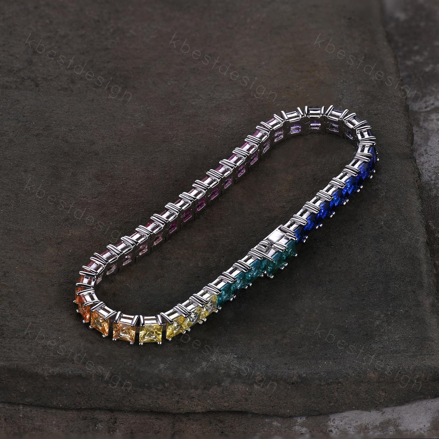 4MM Princess cut Gradient Sapphire Bracelet Rainbow Sapphire Tennis Bracelet 925 Sterling Silver Tennis Bracelet for Women Anniversary Gift