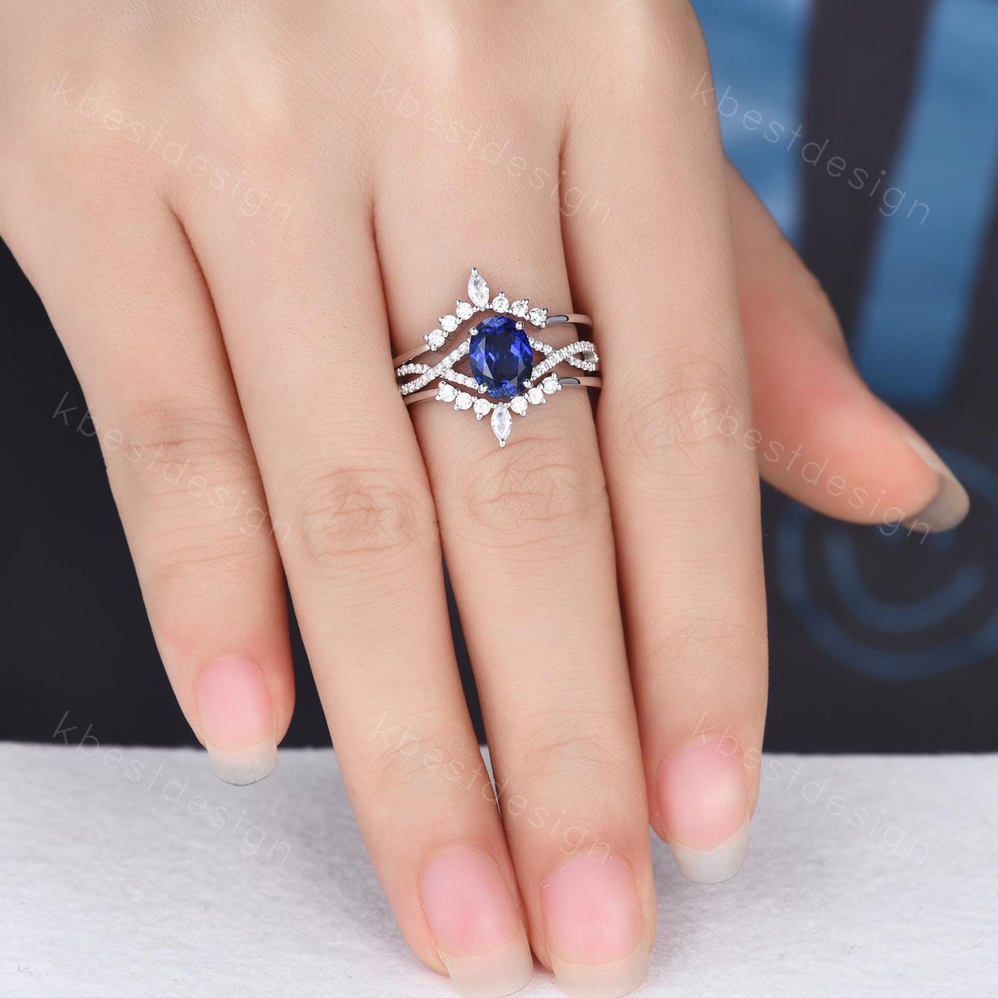 3PCS Blue Sapphire Engagement Ring Set Art Deco Moissanite Stacking Band Oval Cut Bridal Set Unique Curved Bands Blue Sapphire Promise Ring
