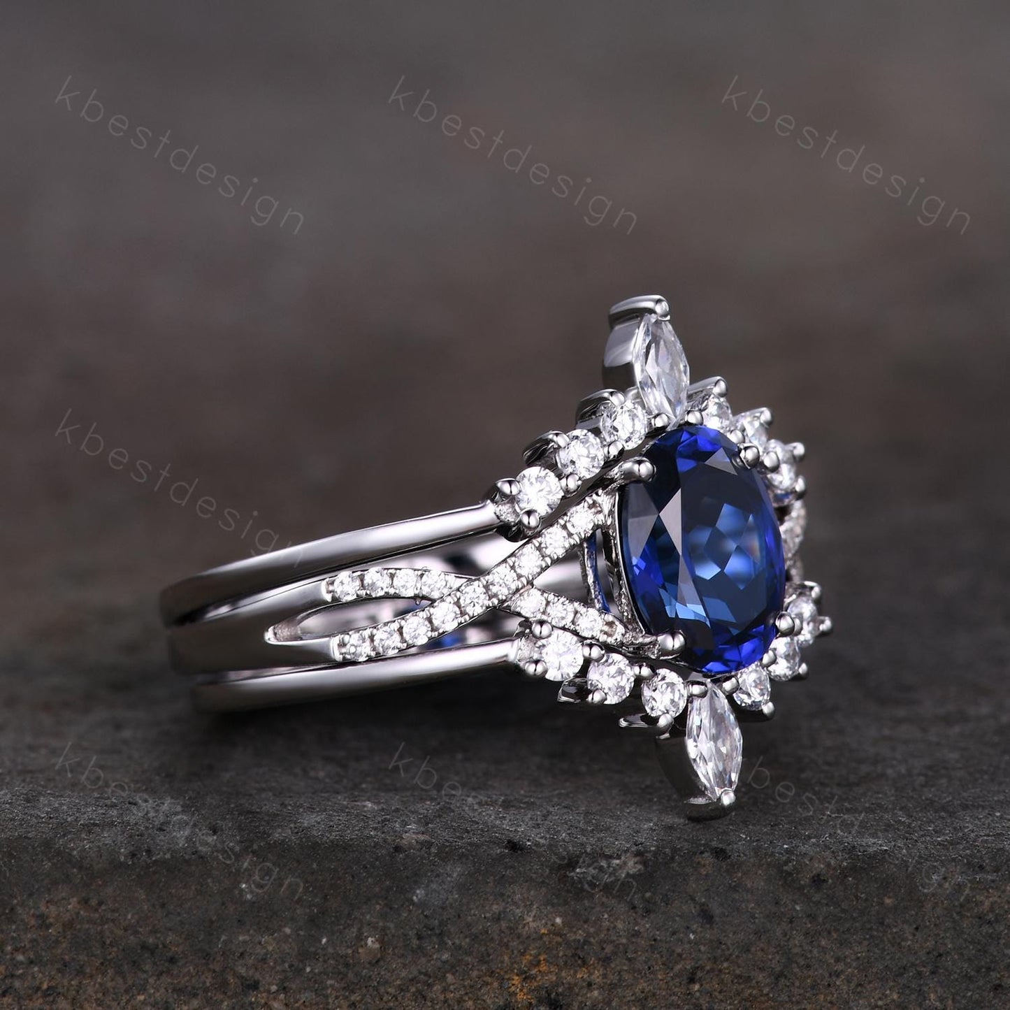 3PCS Blue Sapphire Engagement Ring Set Art Deco Moissanite Stacking Band Oval Cut Bridal Set Unique Curved Bands Blue Sapphire Promise Ring